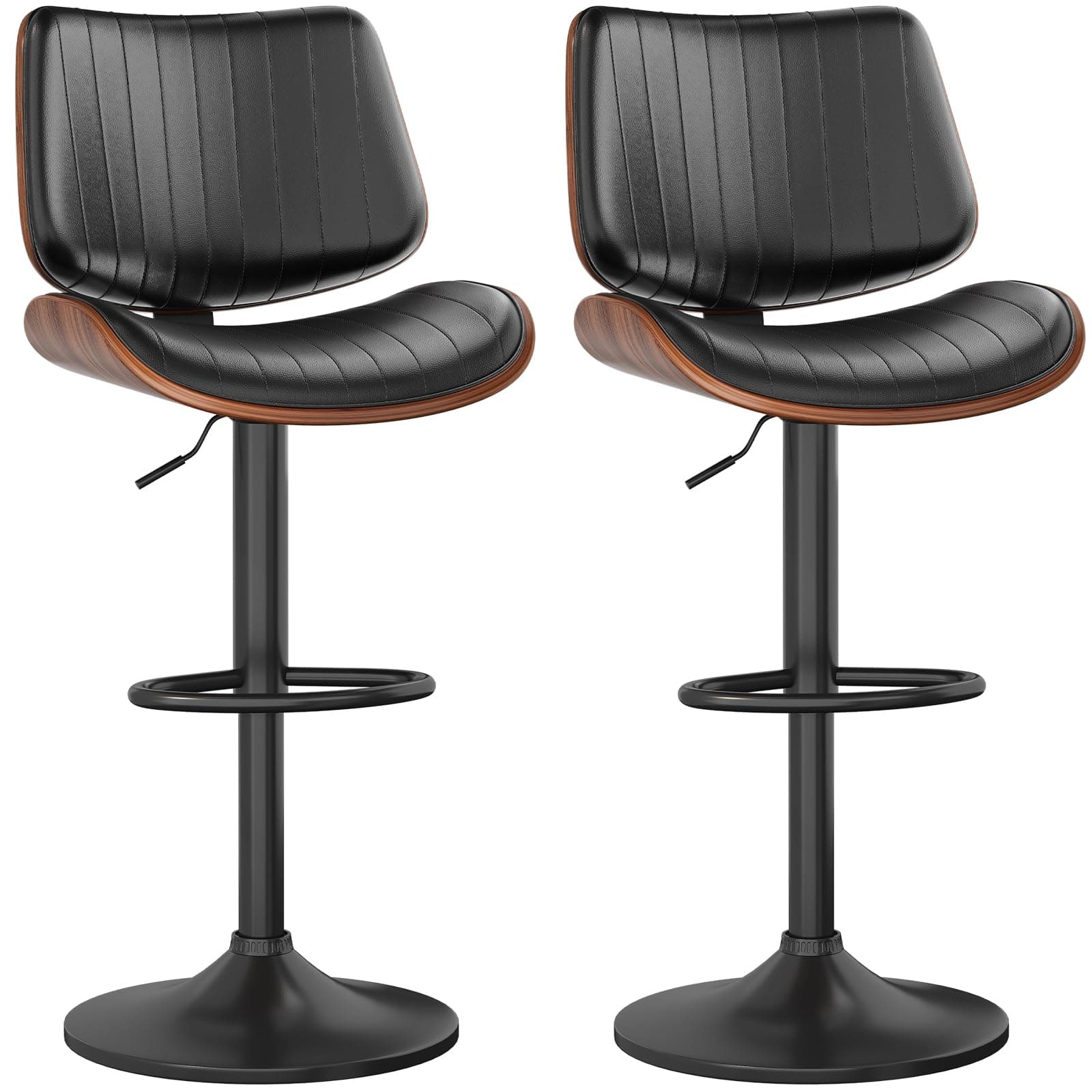Bentwood Back Bar Stools, Black Leather Seat, Kitchen Island Set of 2