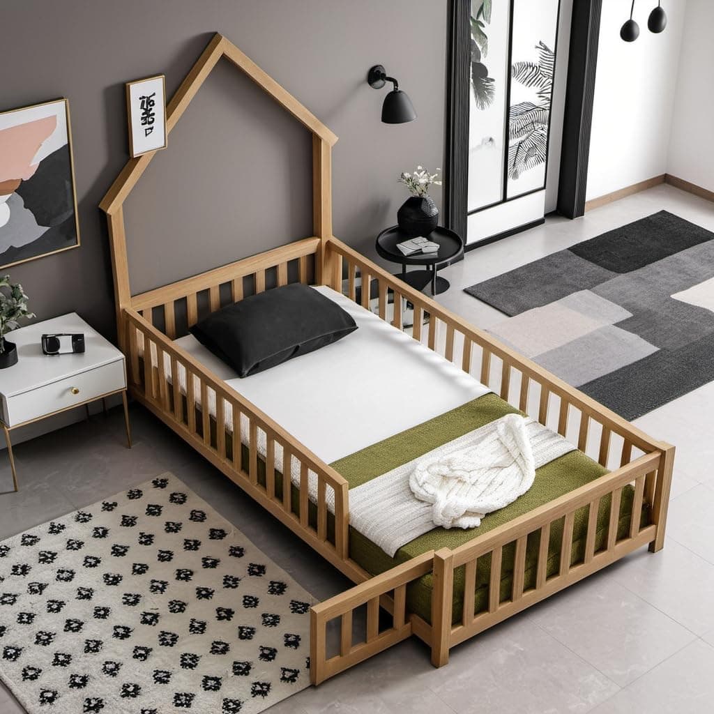 Twin Size Montessori Floor Bed with Door & Roof, Easy Assembly & Guardrails, Natural Finish