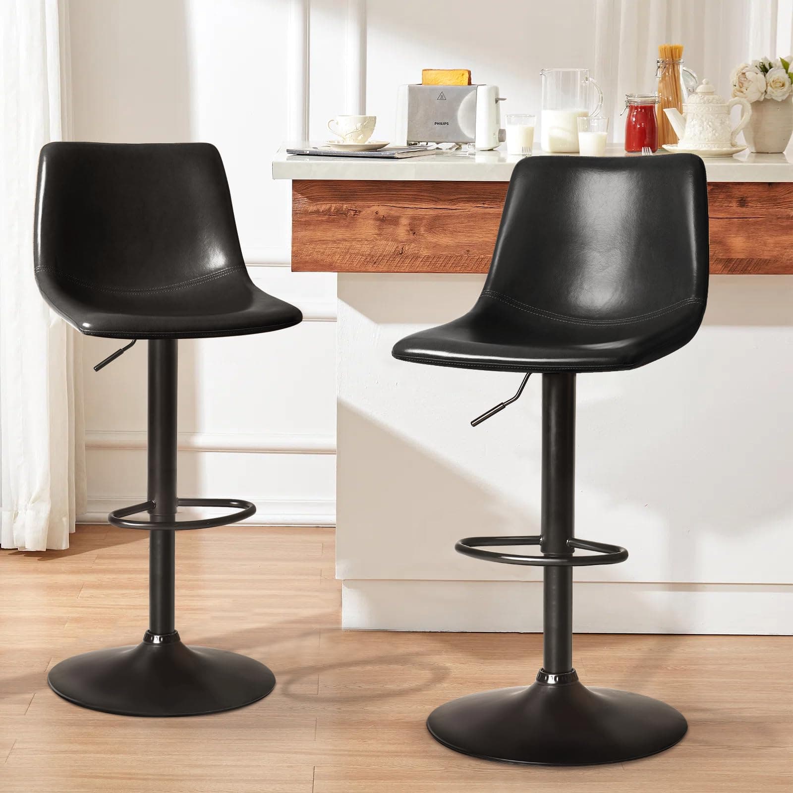 LEMBERI Set of 2 Modern Swivel Bar Stools with Backrest, Adjustable Faux Leather for Kitchen Island (Black)