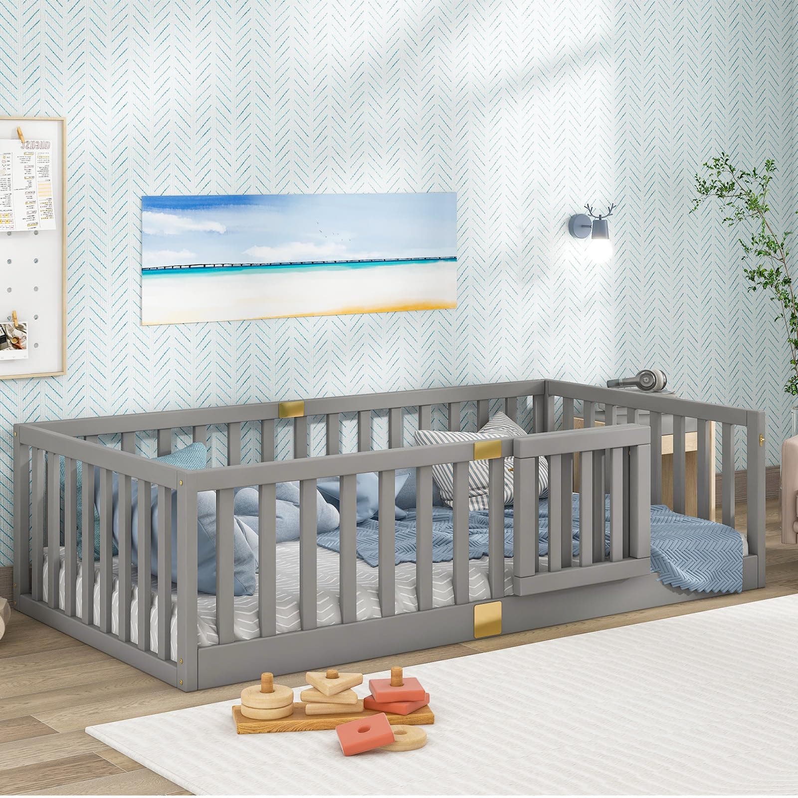 Twin Montessori Floor Bed with High Rails, Grey