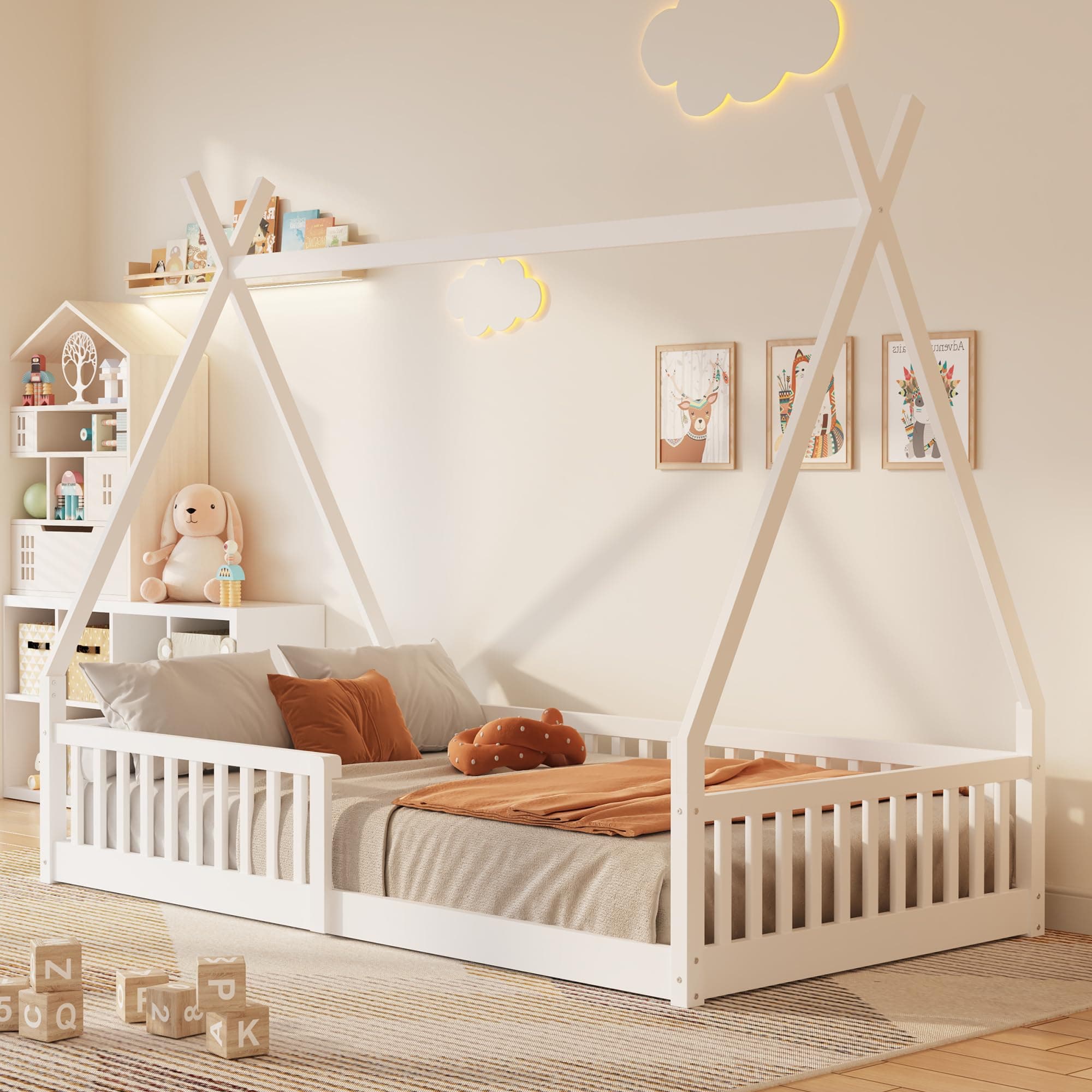 Bellemave Twin Size White Floor Bed with Guardrail