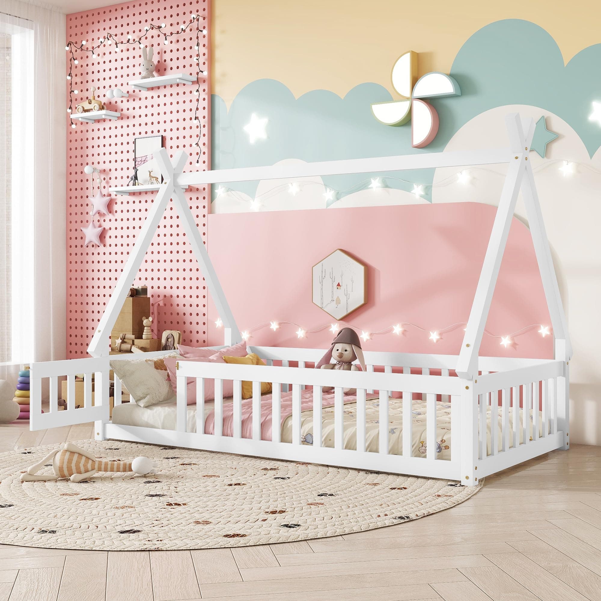 Montessori White Tent-Shaped Floor Bed for Kids with Slats and Guardrails