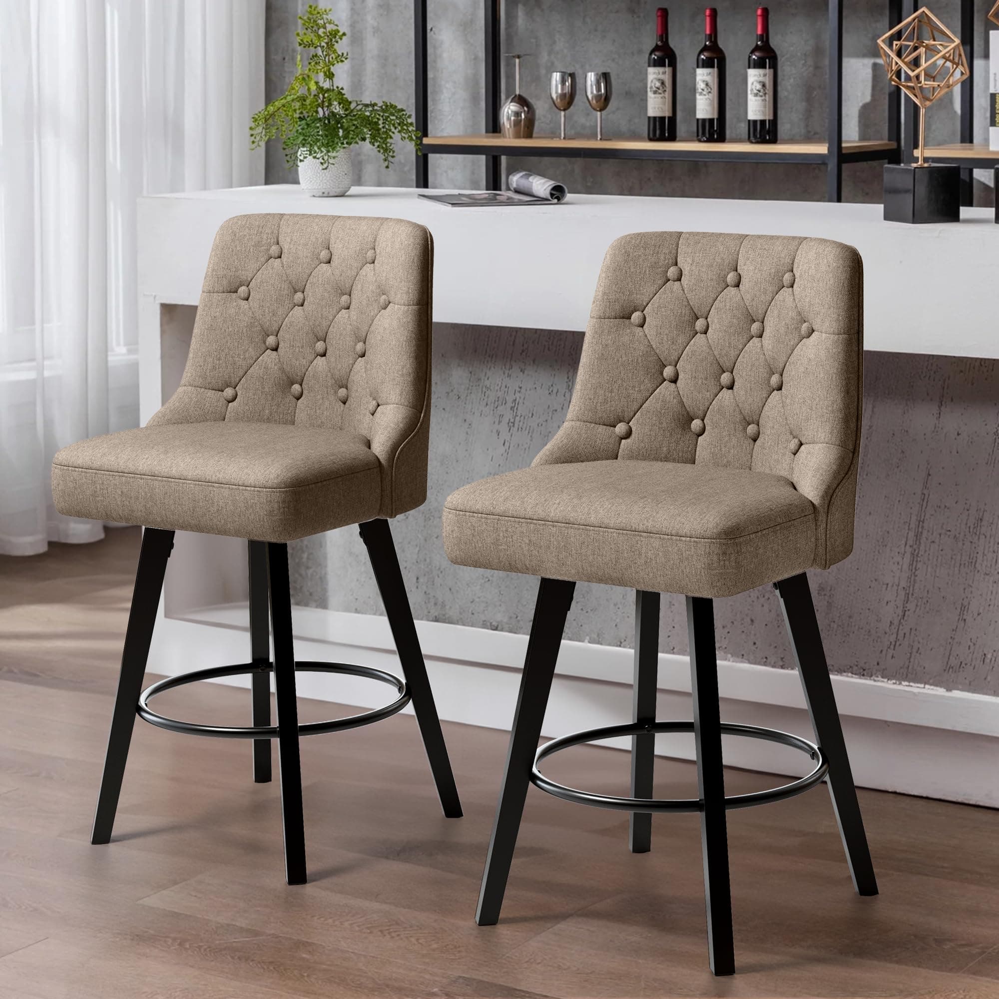 Retro Upholstered Swivel Bar Stools, 26" H, Tan Linen, 360 Rotation, Kitchen Island Chairs