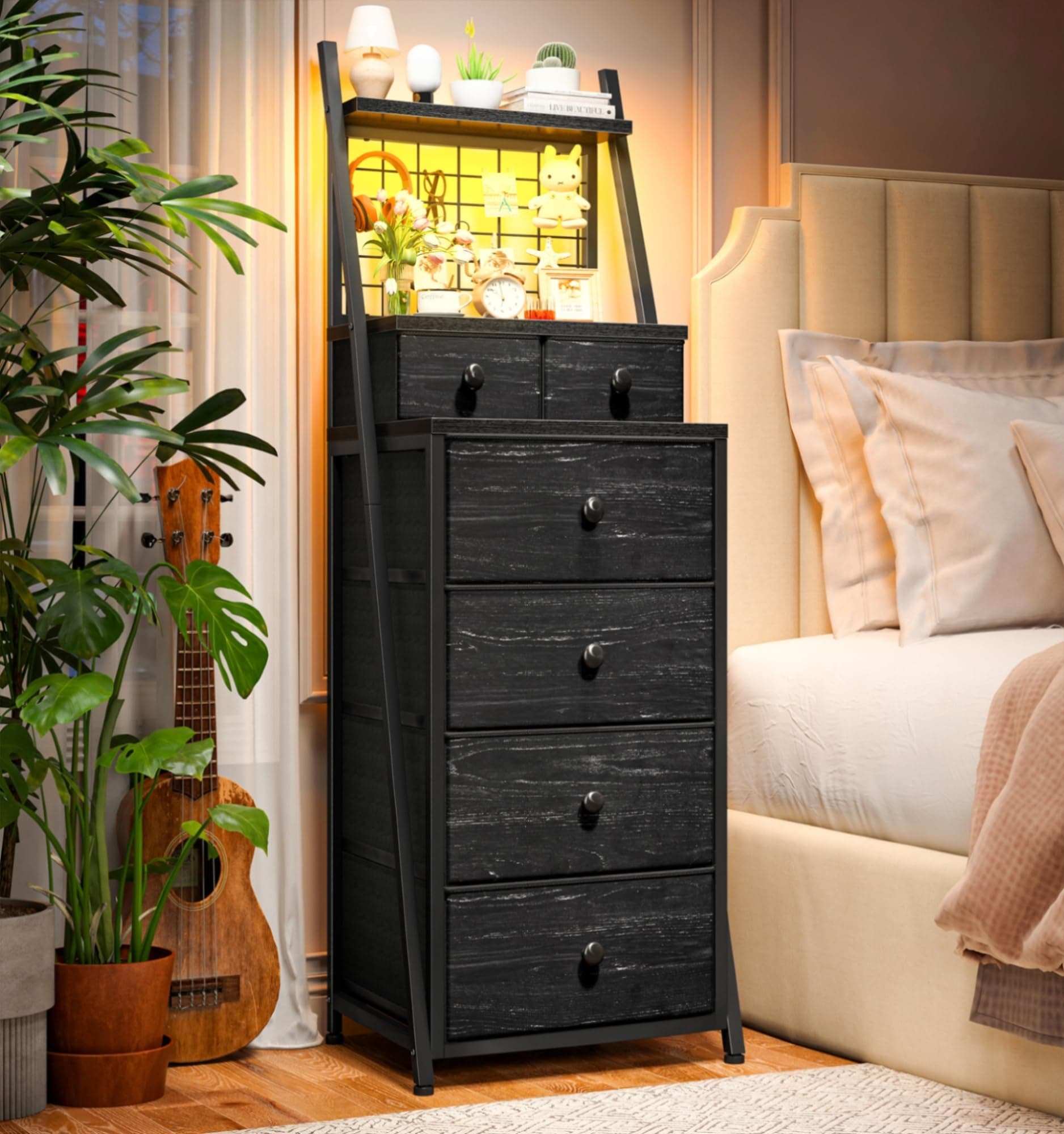 Tall Black Vertical Dresser with LED Lights for Bedroom