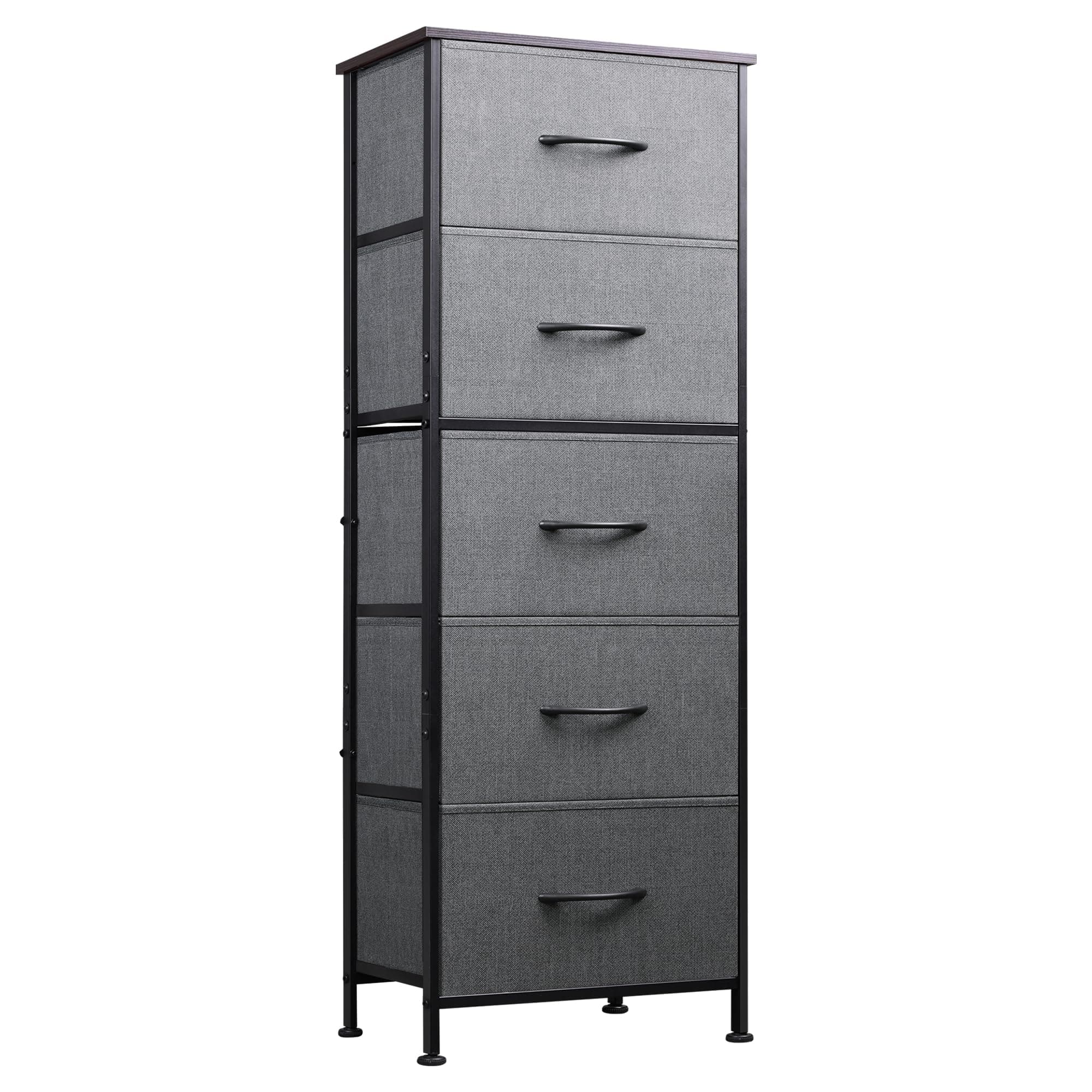 WLIVE 5-Drawer Fabric Dresser with Wood Top - Tall Storage Organizer for Bedroom, Closet, or Hallway in Dark Grey