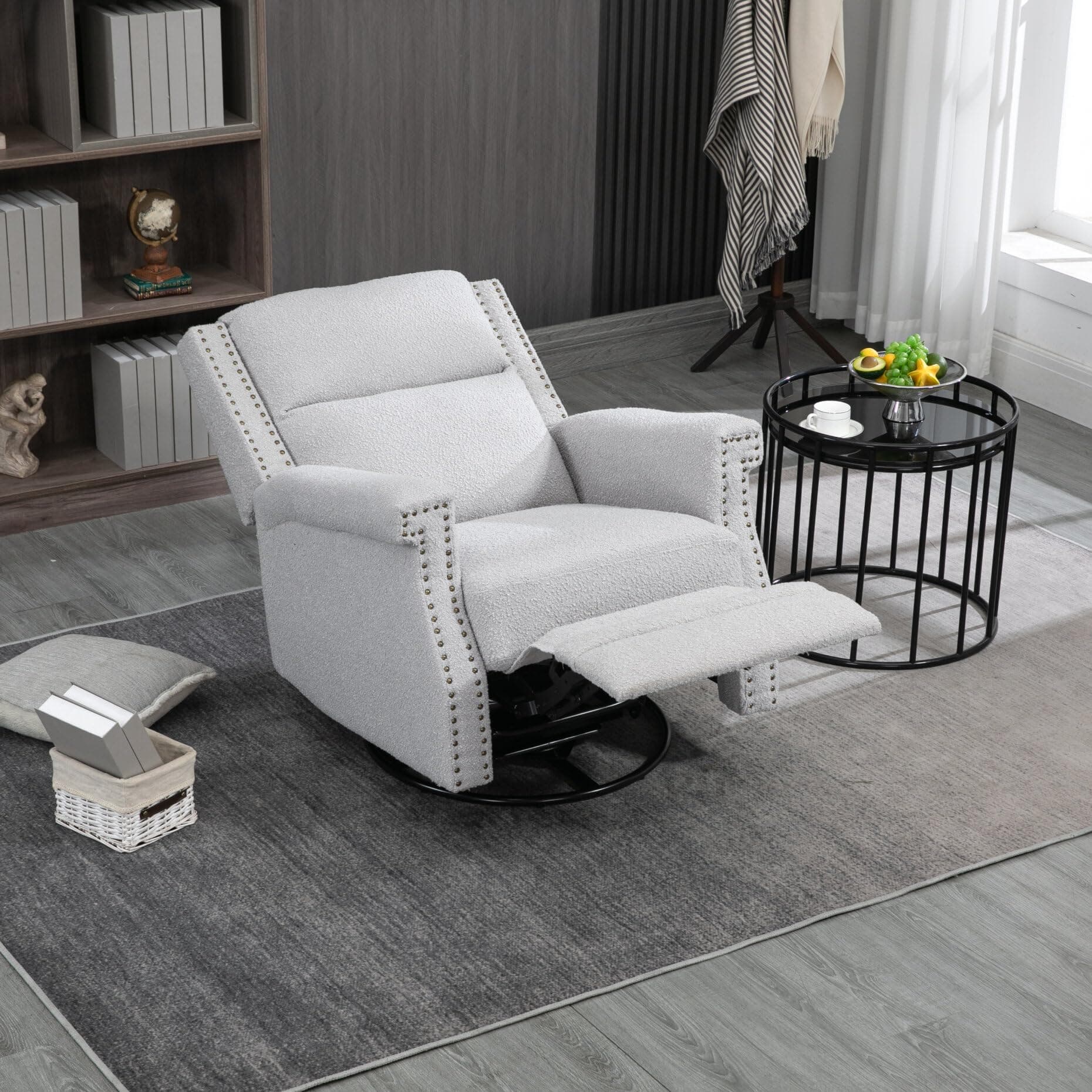i-POOK Boucle Recliner Chair with Swivel Accent, Adjustable Back and Footrest, Grey