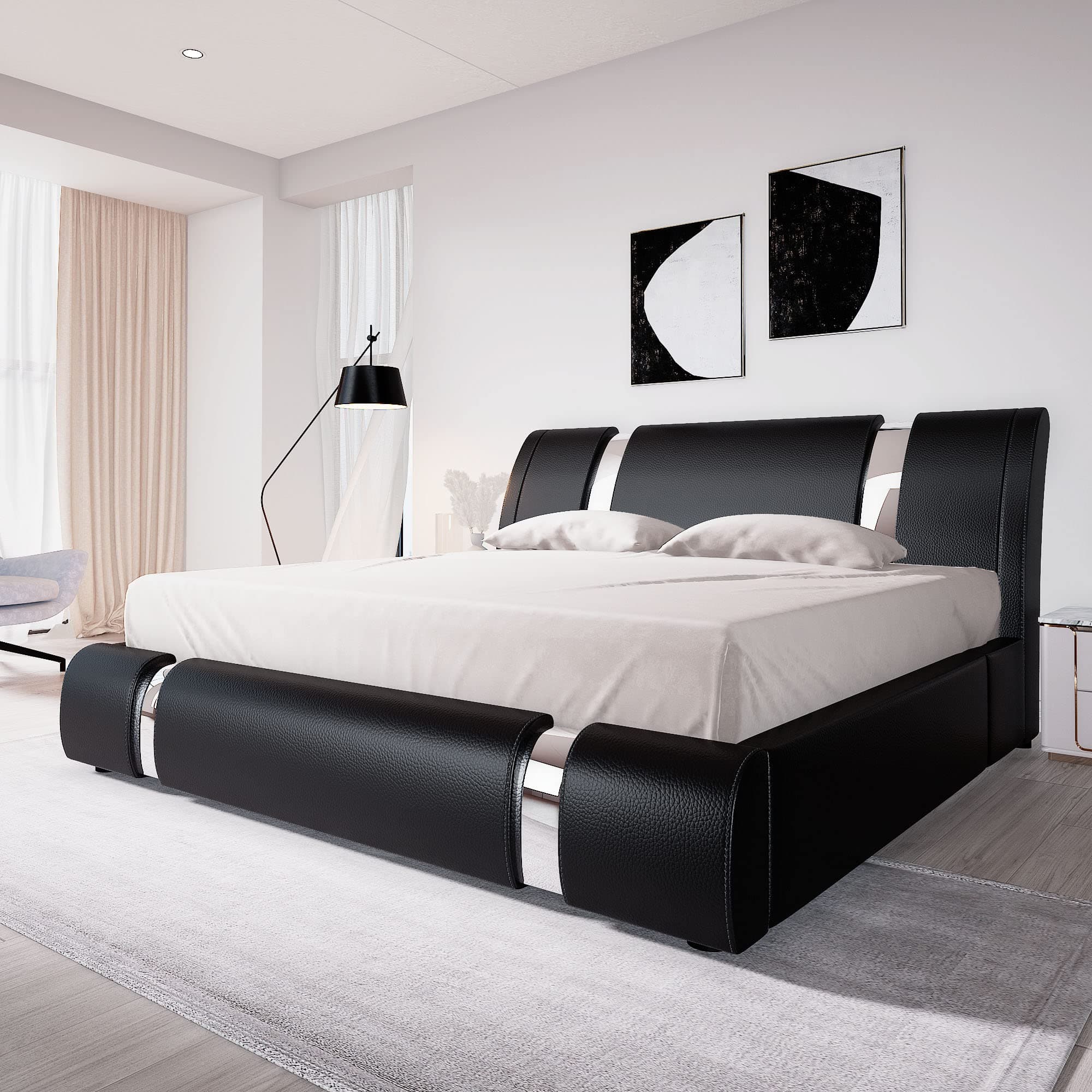 Allewie Black Queen Bed Frame with Iron Decor & Faux Leather Upholstered Platform