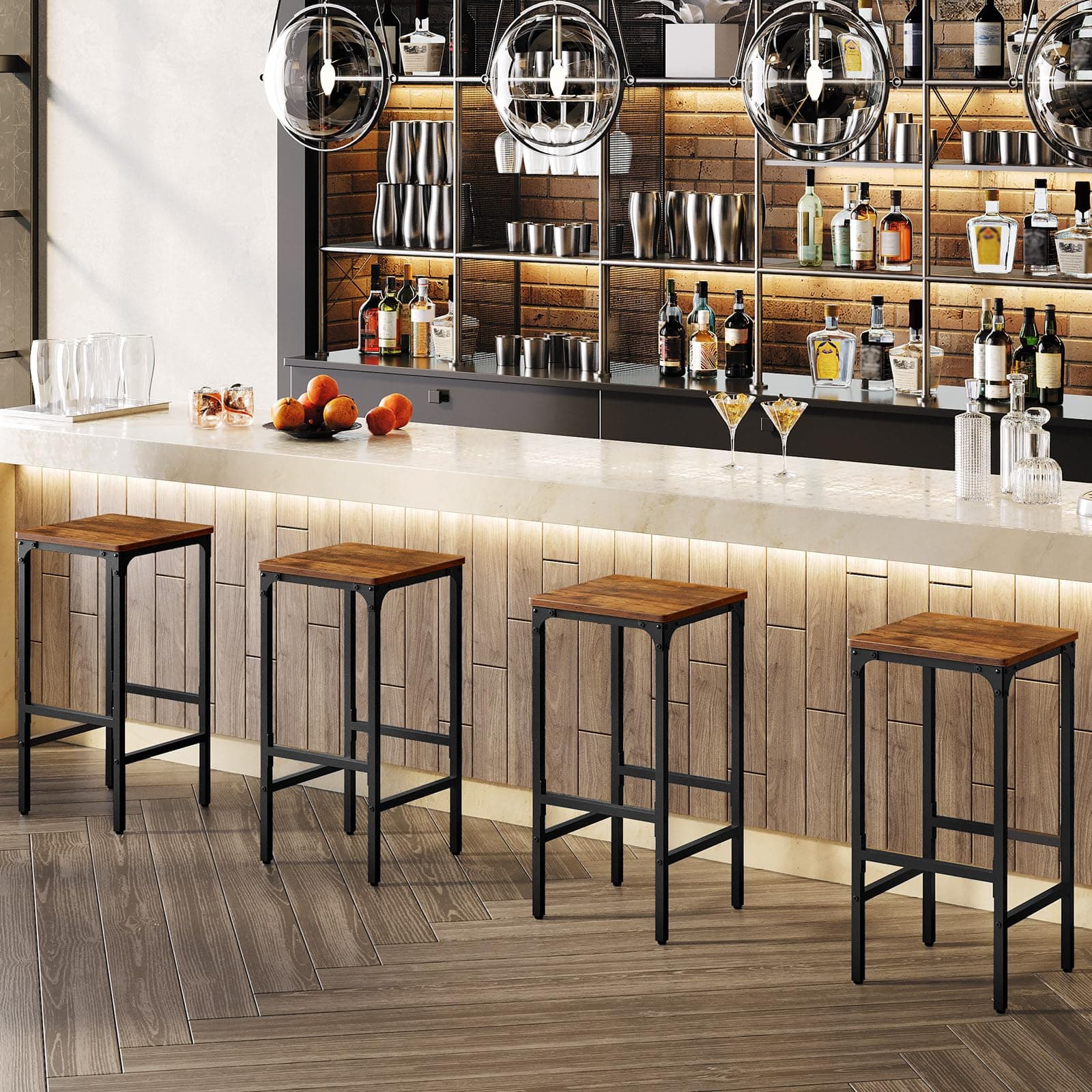 Industrial Rustic Brown Bar Stool Set, 27.6" Tall, with Footrest BAHR13801