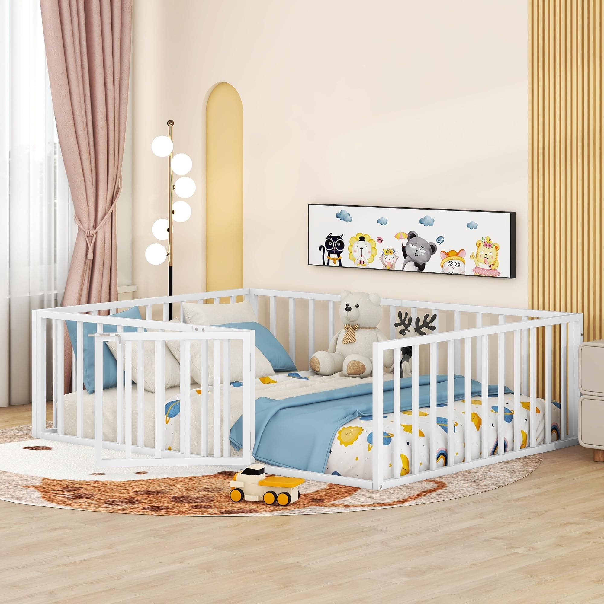 Full Size Metal Fence Bed with Door, Versatile Montessori, No Box Spring Needed, Easy Install, White