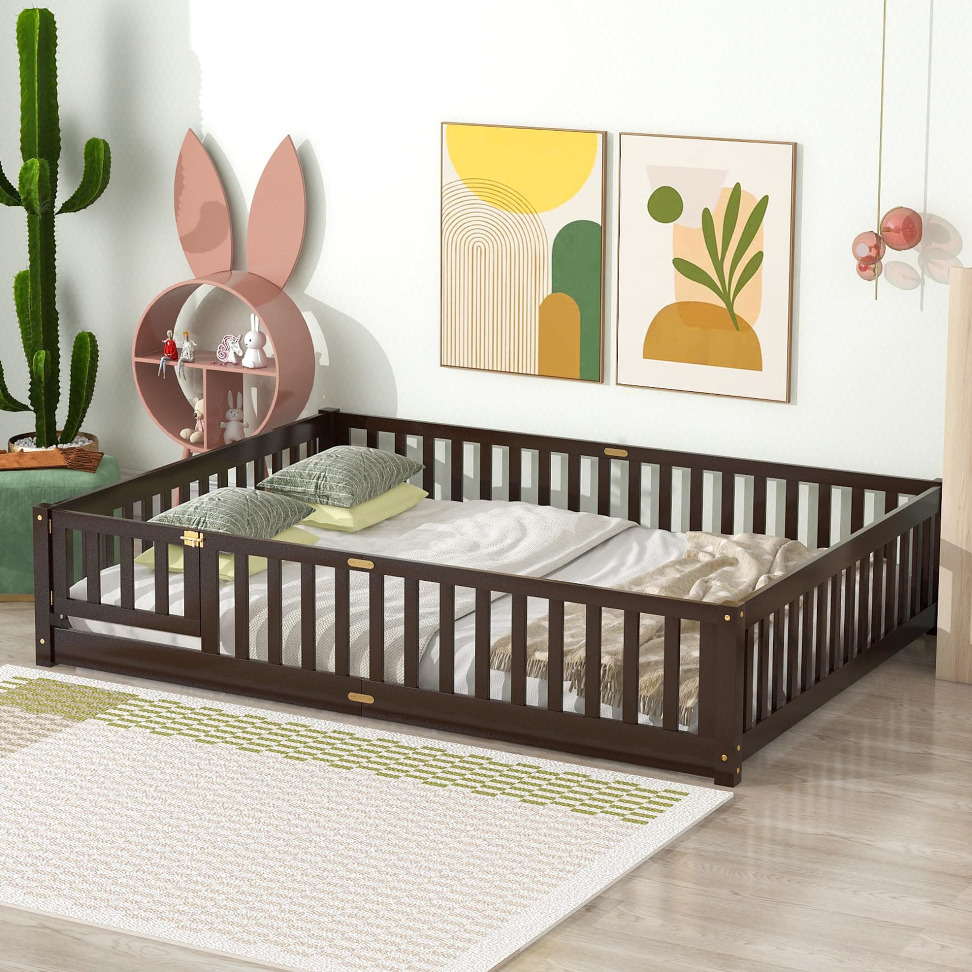 i-POOK Queen Size Montessori Bed Frame with Guardrails and Door in Espresso
