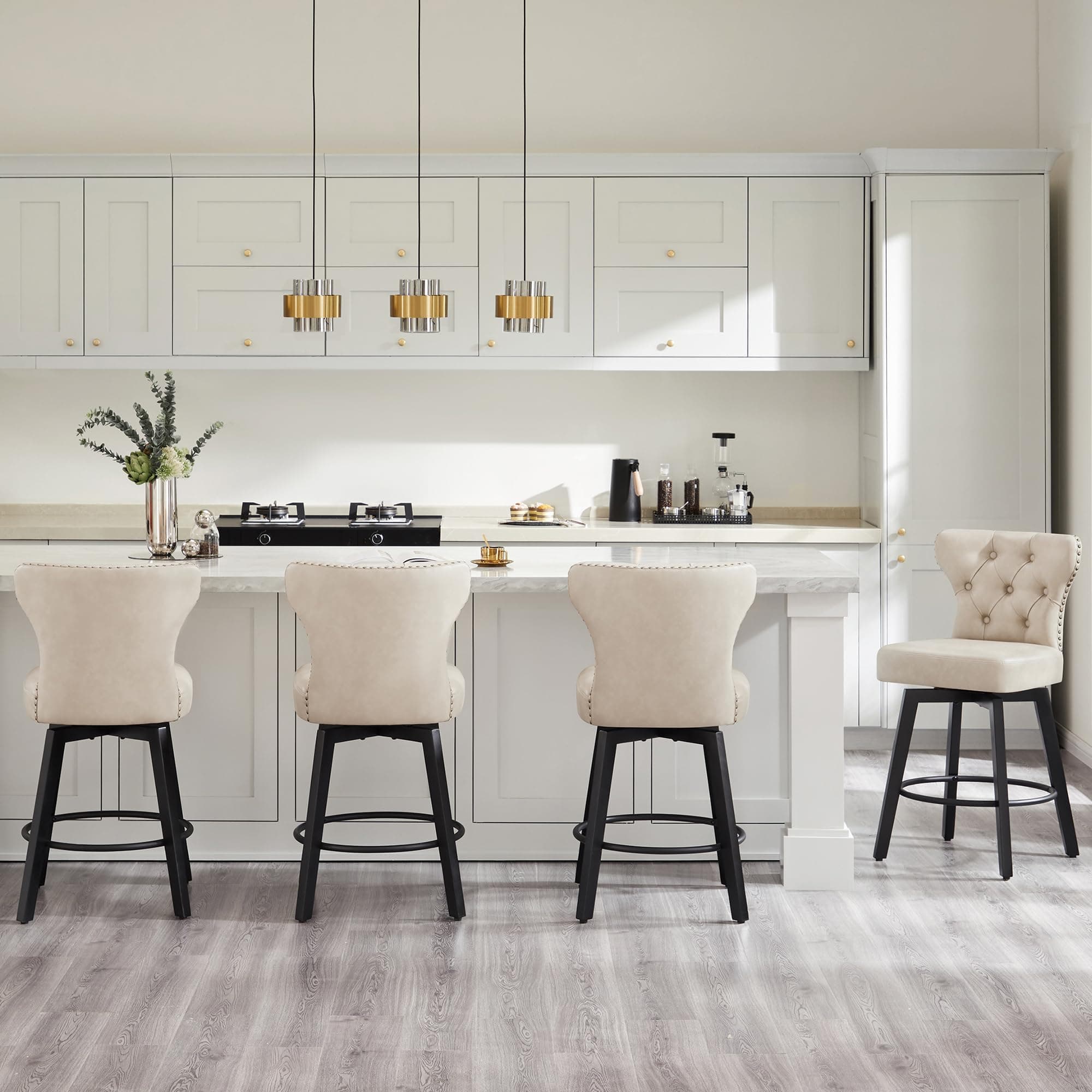 Beige Nailhead Trim Barstools 26" Swivel Kitchen Island Stools, Set of 4