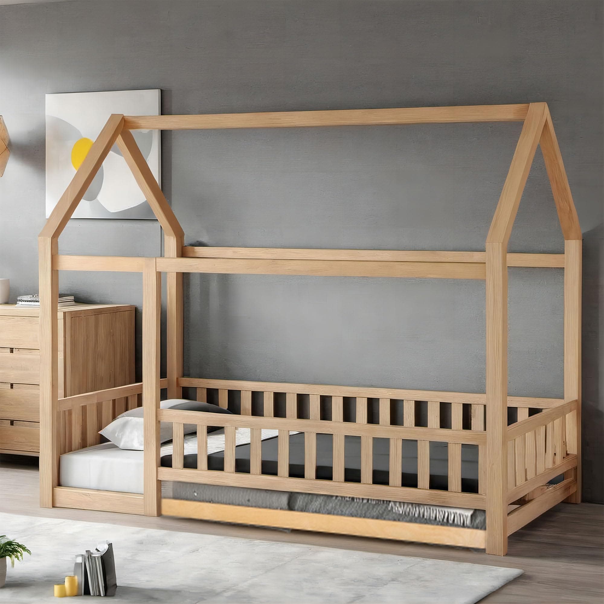 Montessori Twin Size Floor Bed Frame for Kids - Wooden House Design with Fence