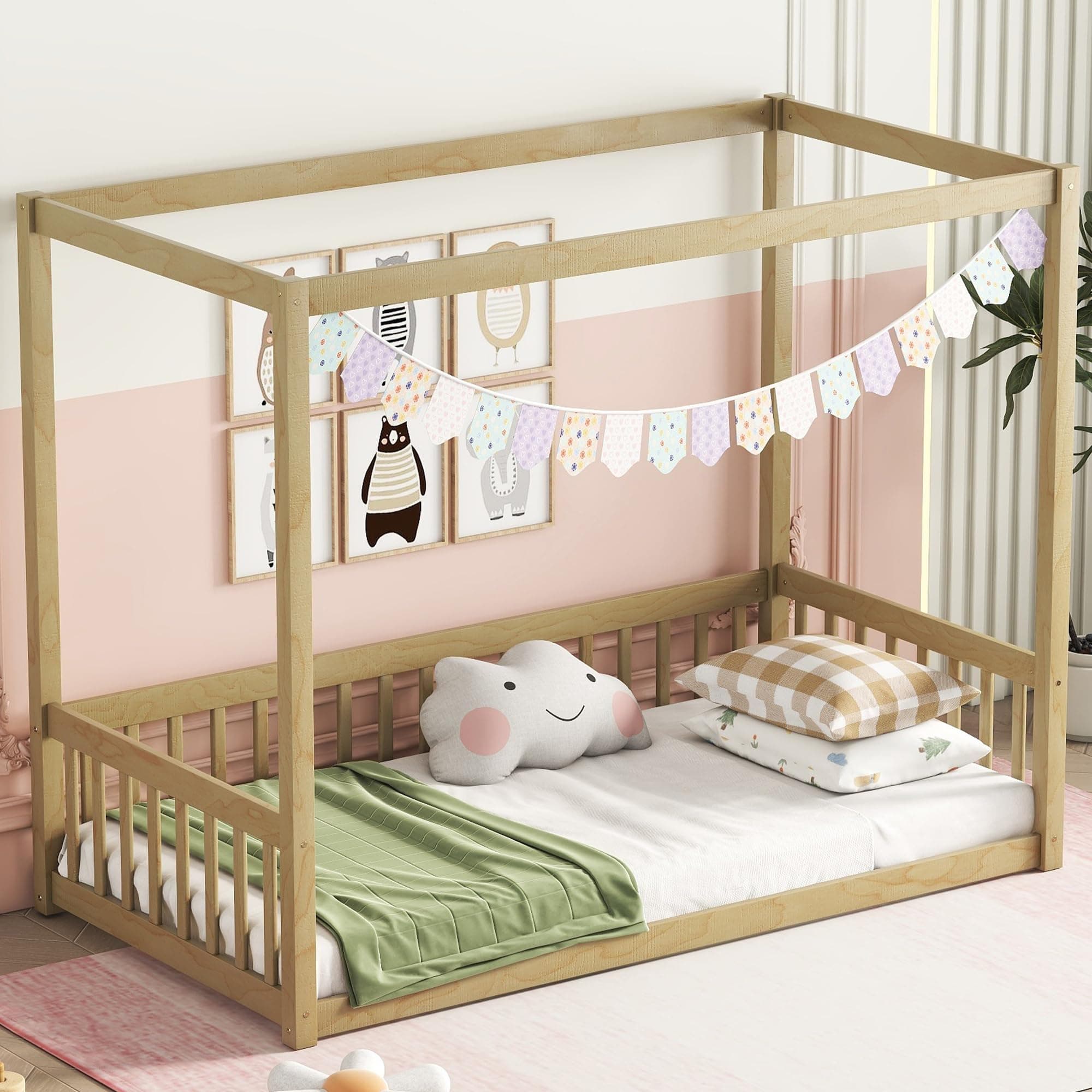Twin Size Floor Bed Canopy Frame for Kids, Wood Fence, Natural, No Box Spring Needed