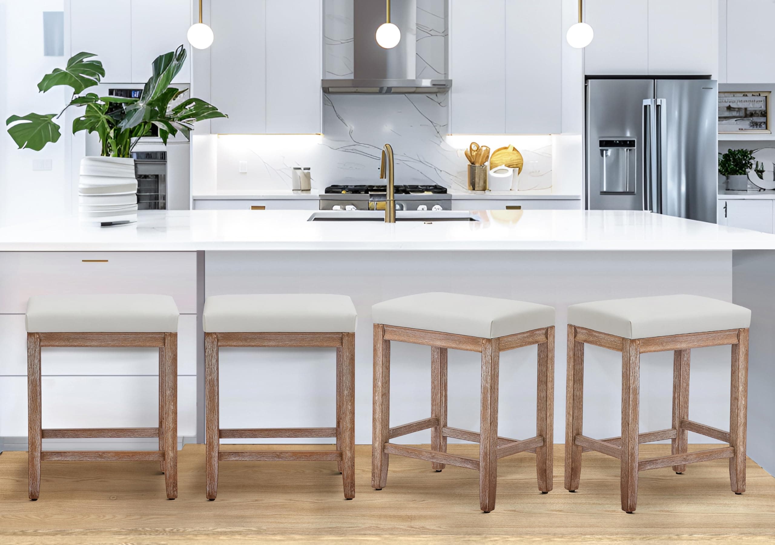 White Counter Height Bar Stools Set of 4, Faux Leather Seat, Wood Legs, 24" High