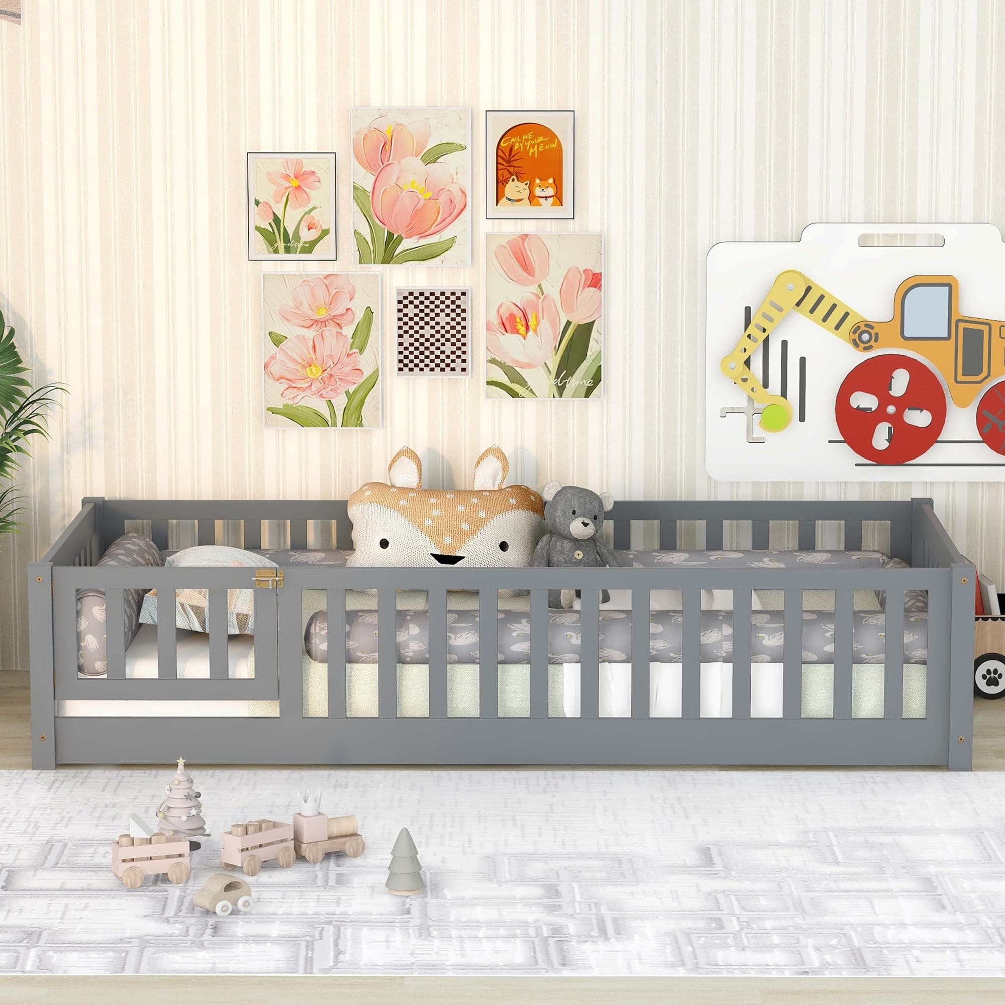 Solid Wood Twin Floor Bed with Door, Fence, Slats, and Guardrails for Kids - Gray