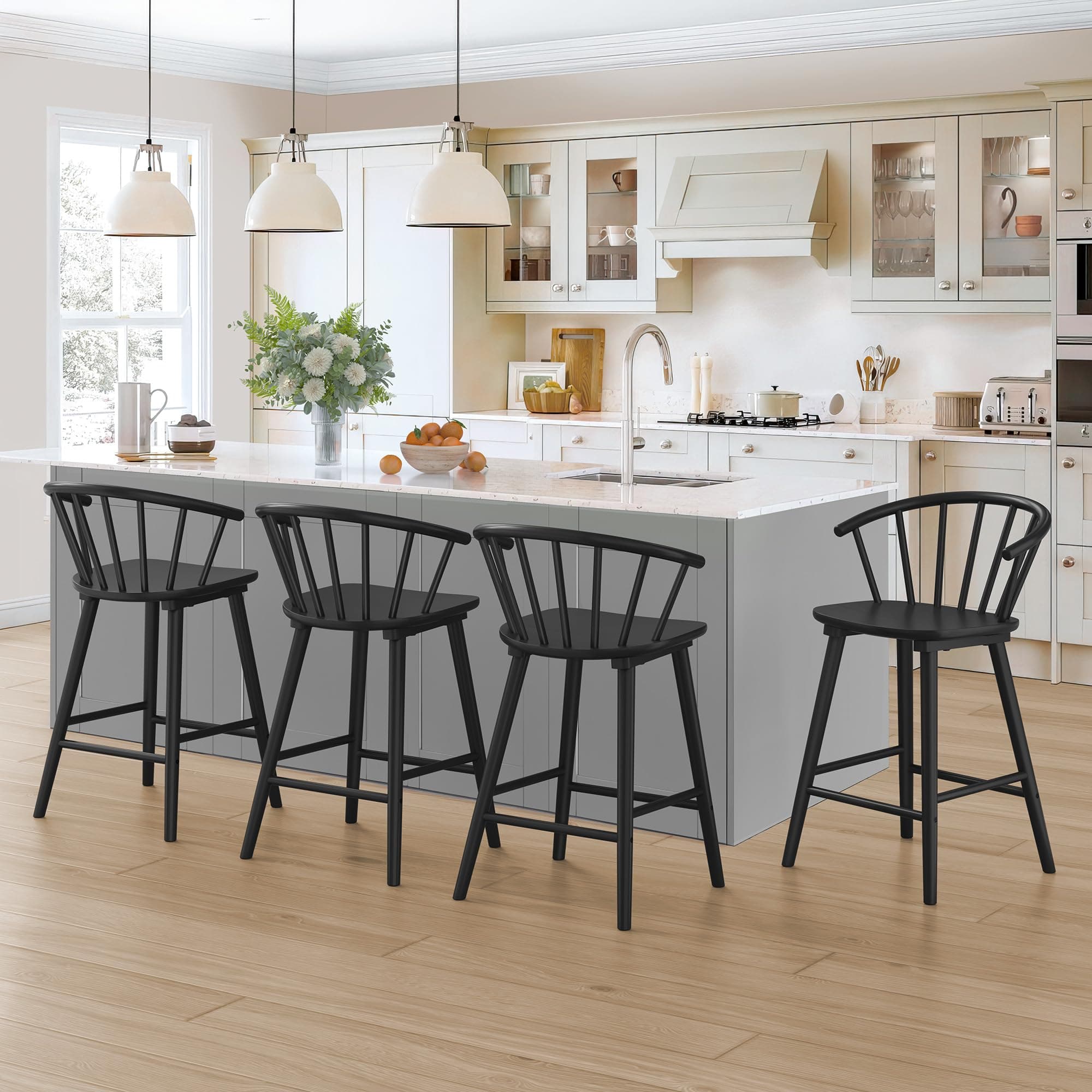 LUE BONA Black Farmhouse Bar Stools, Semicircular Backrest, Set of 2, Modern Counter Height