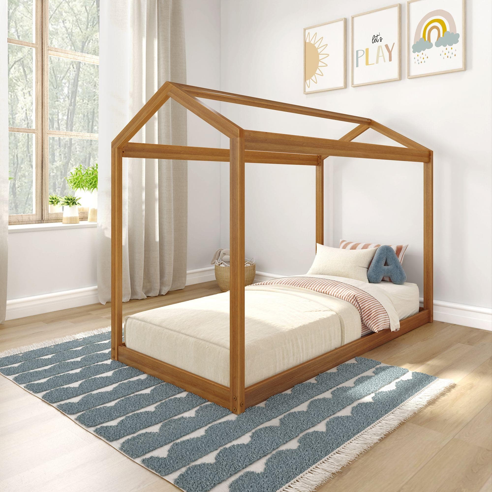 Max & Lily Montessori Wooden Twin Floor Bed, Modern Solid Pecan for Kids
