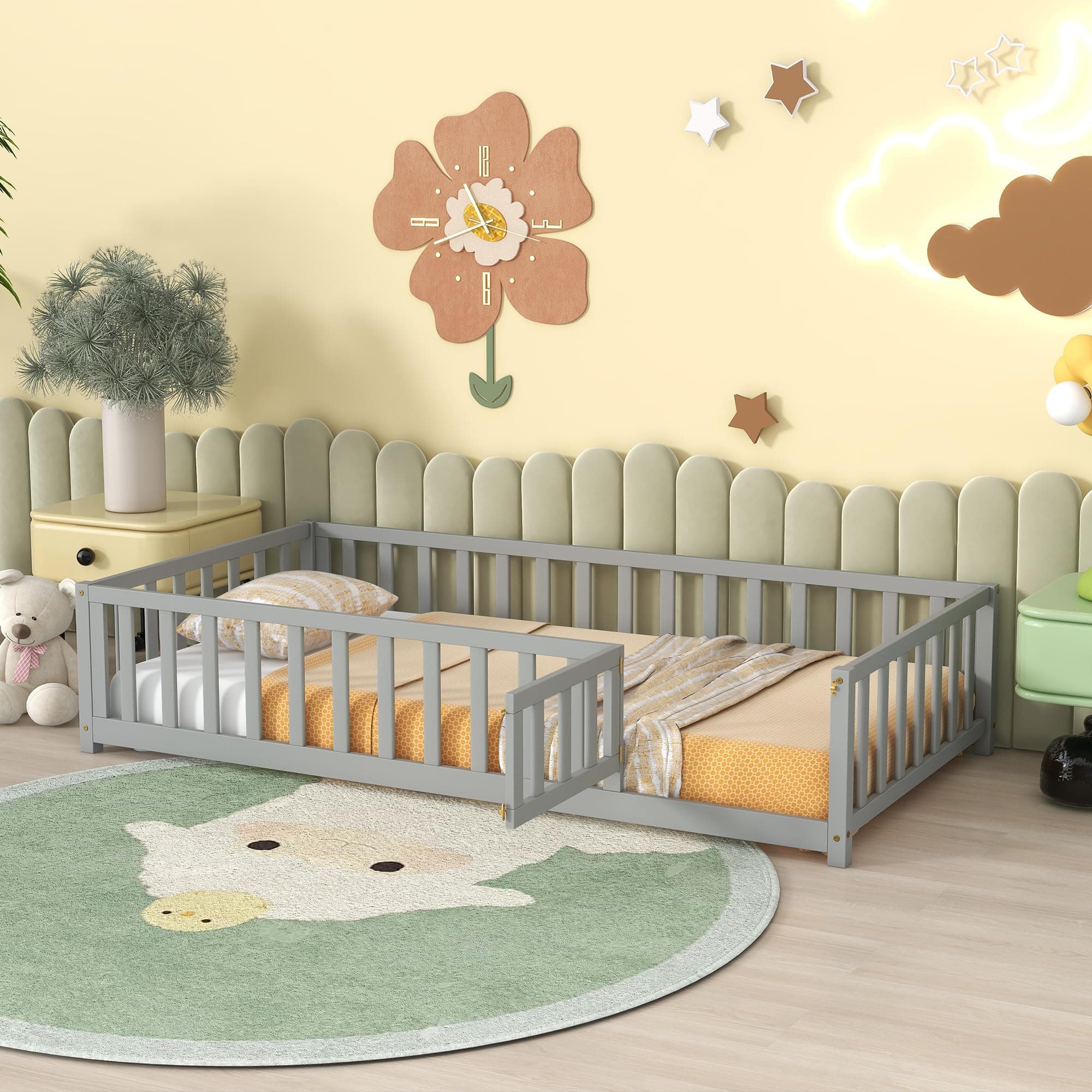 Montessori Twin Floor Bed with Door, Fence & Safety Guardrail - Grey