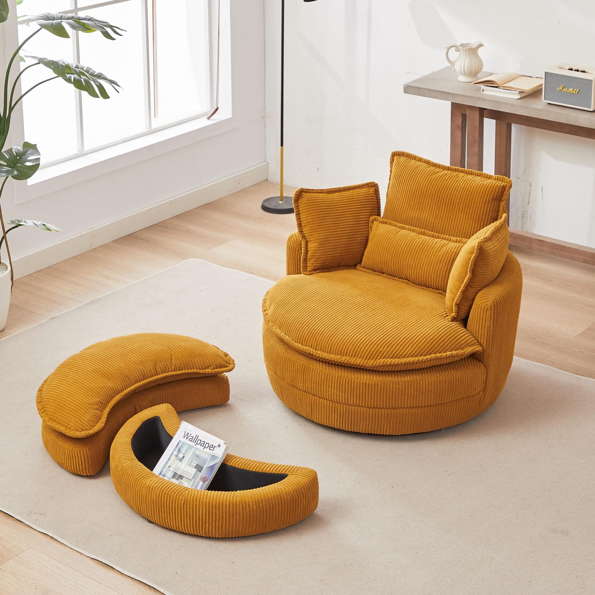 Yellow i-POOK Swivel Chair with Storage Ottoman & Pillows, Oversized Barrel Chair for Living Room