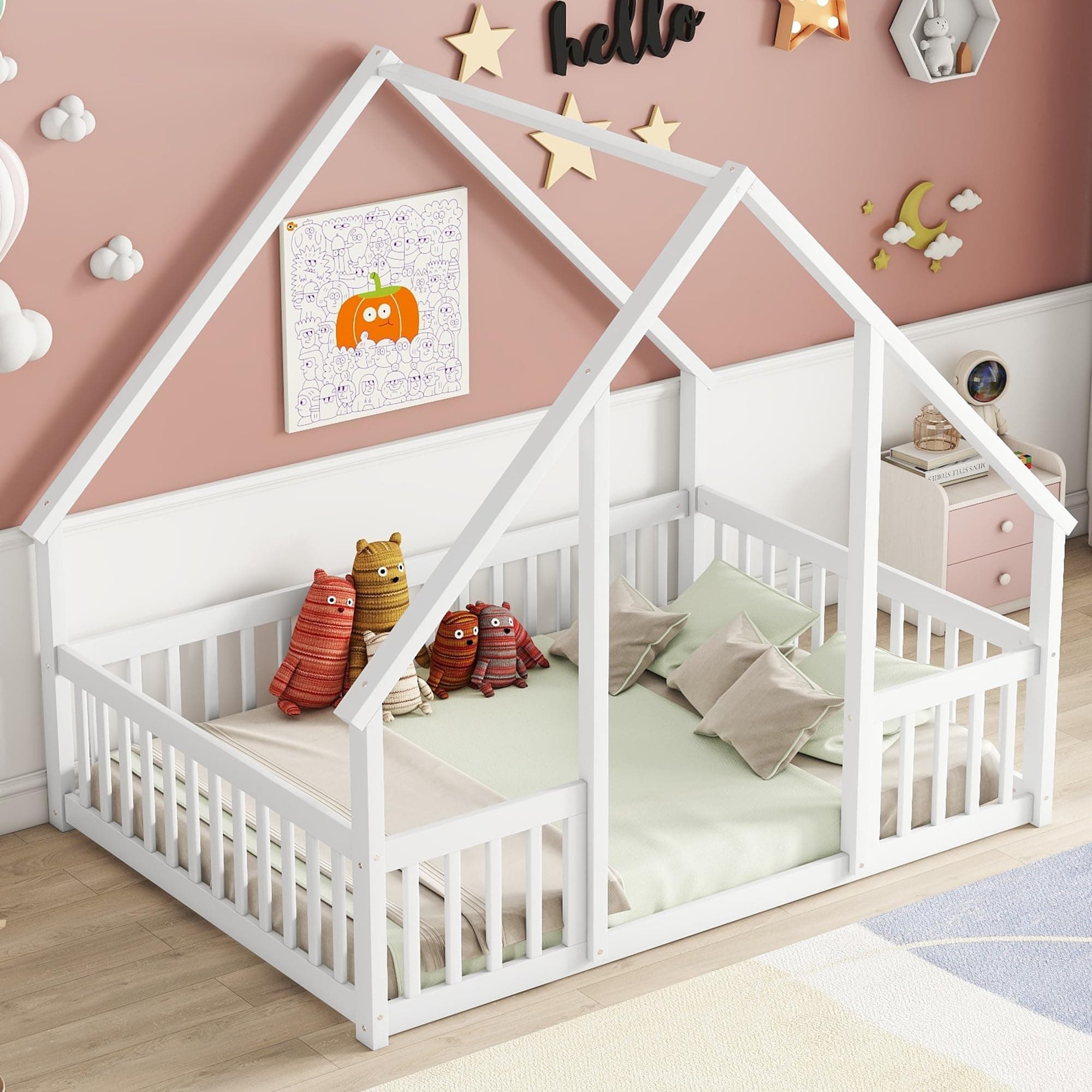 Wooden Montessori Full Floor Bed for Kids with Fence, Playhouse Play Bed - White