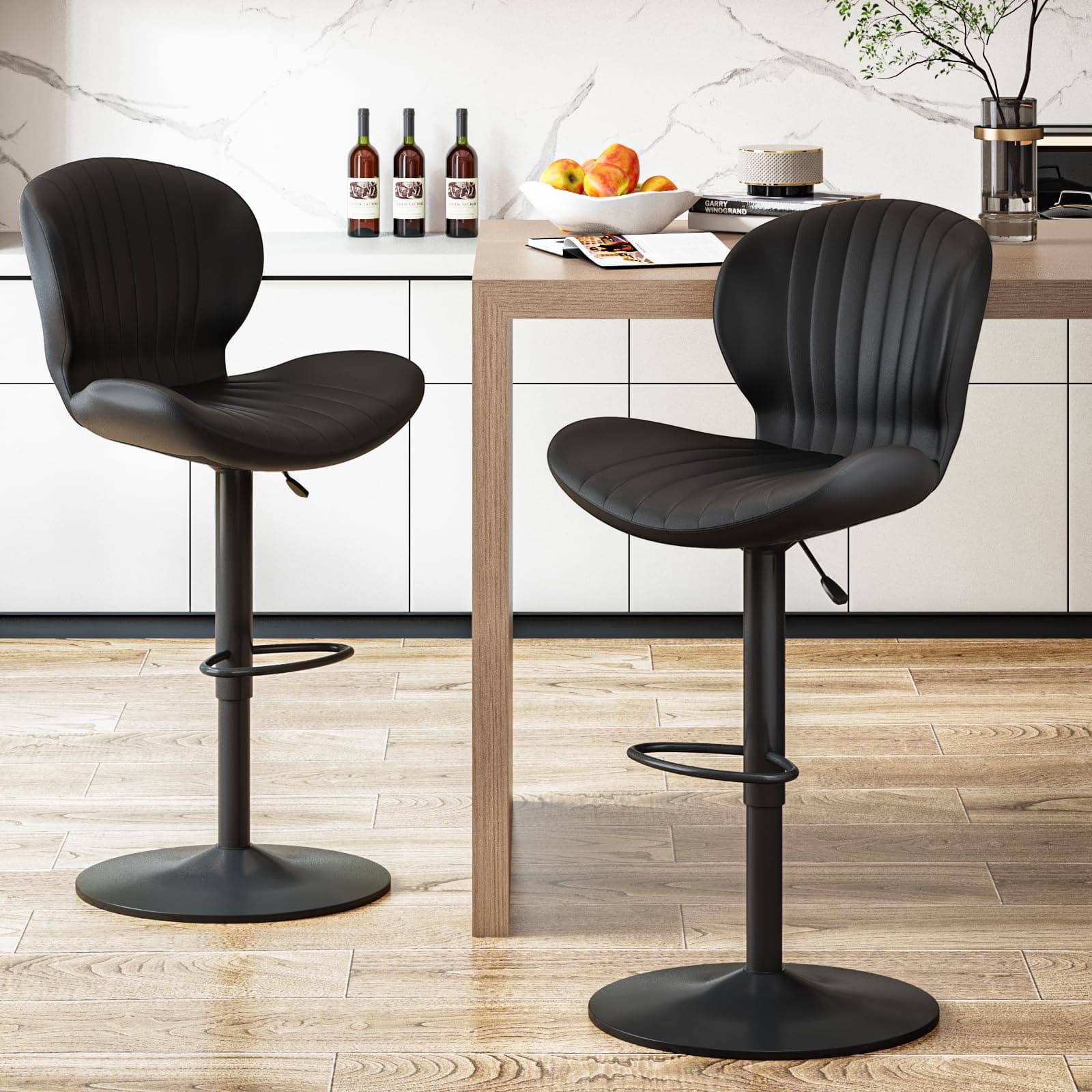 Waleaf Modern Black Faux Leather Bar Stools Set of 2