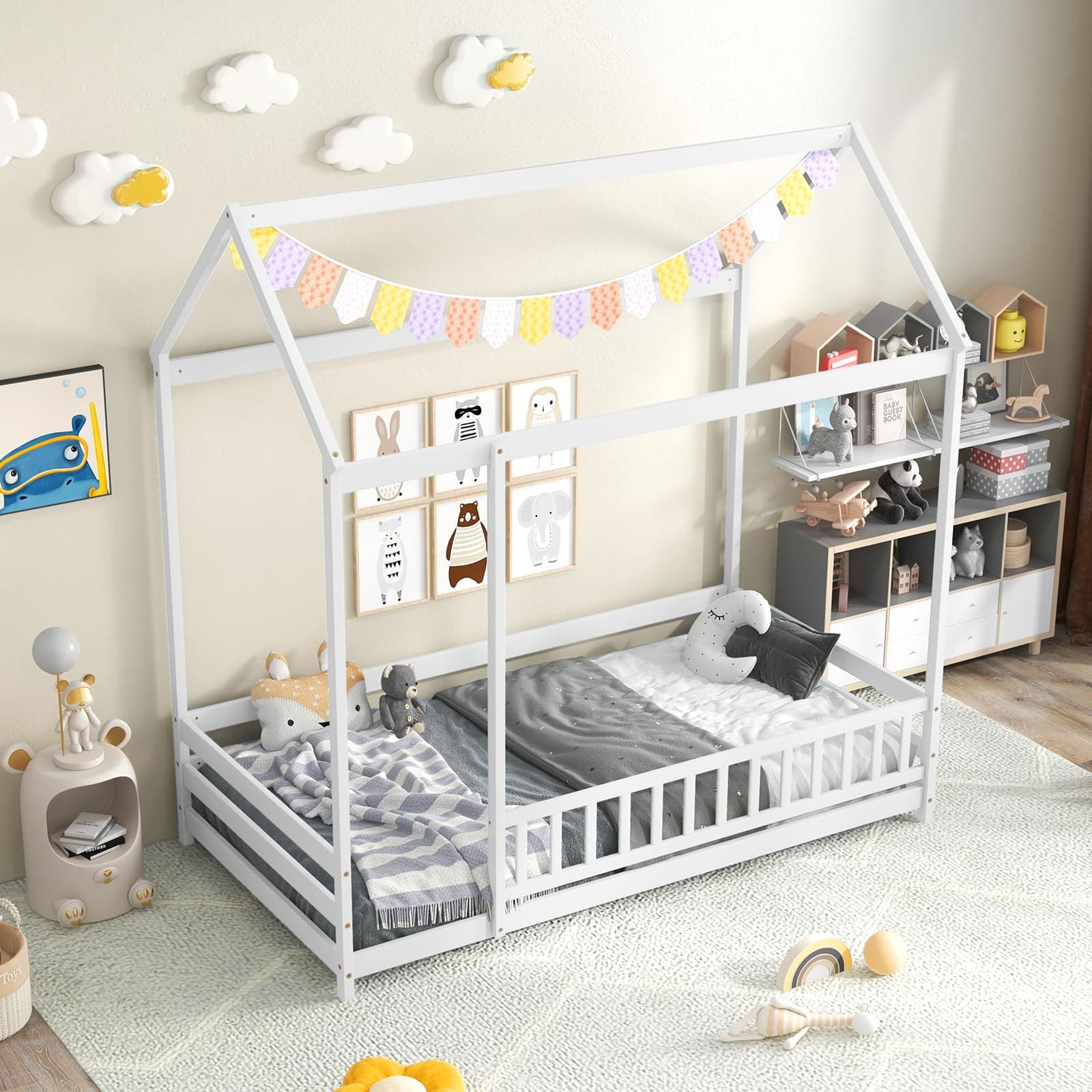 KOMFOTT White Wooden Twin Bed with Safety Guardrail & Roof for Kids