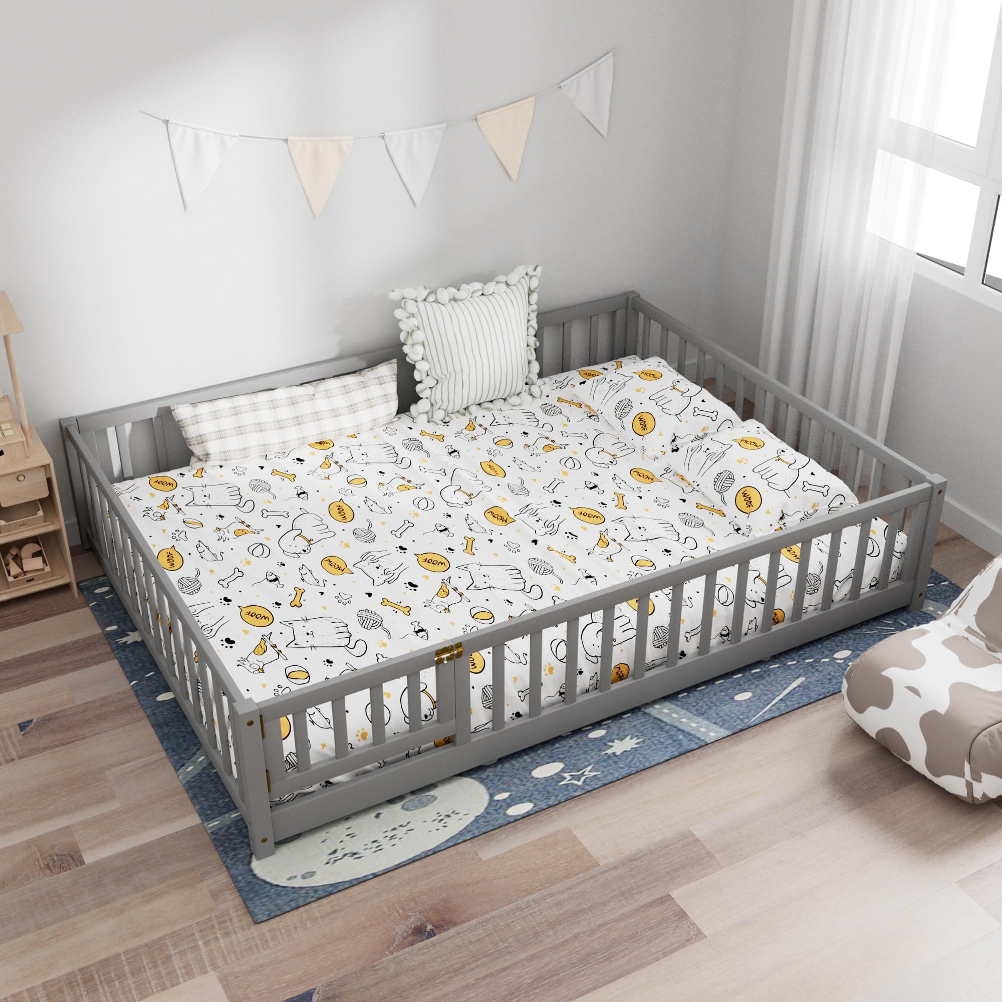 Queen Size Solid Wood Platform Bed Frame, Fence-Shaped Guardrails, Gray