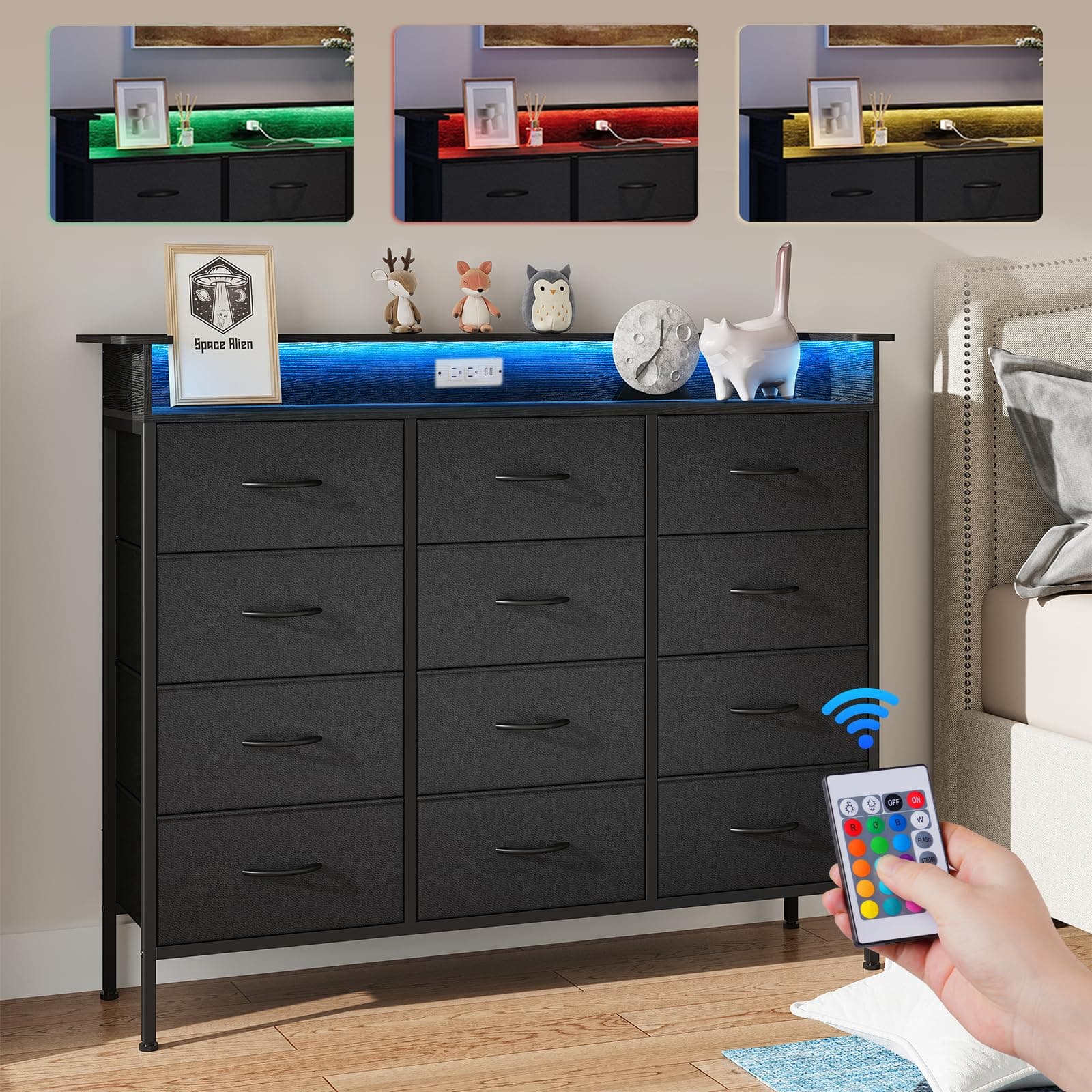 Elyken 50" Black Dresser with 12 Drawers & Charging Station
