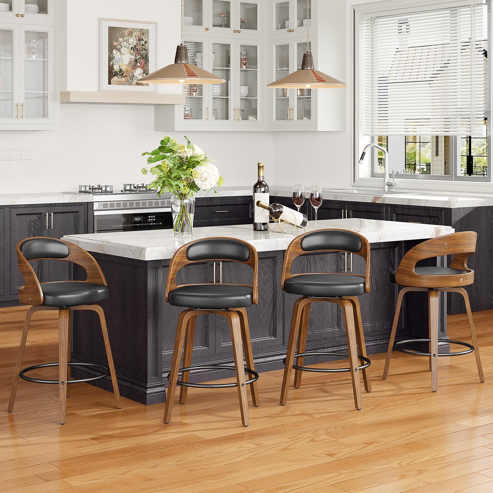 Mid-Century Modern Black Bentwood Bar Stool Set, 26" Counter Height, Kitchen and Bar
