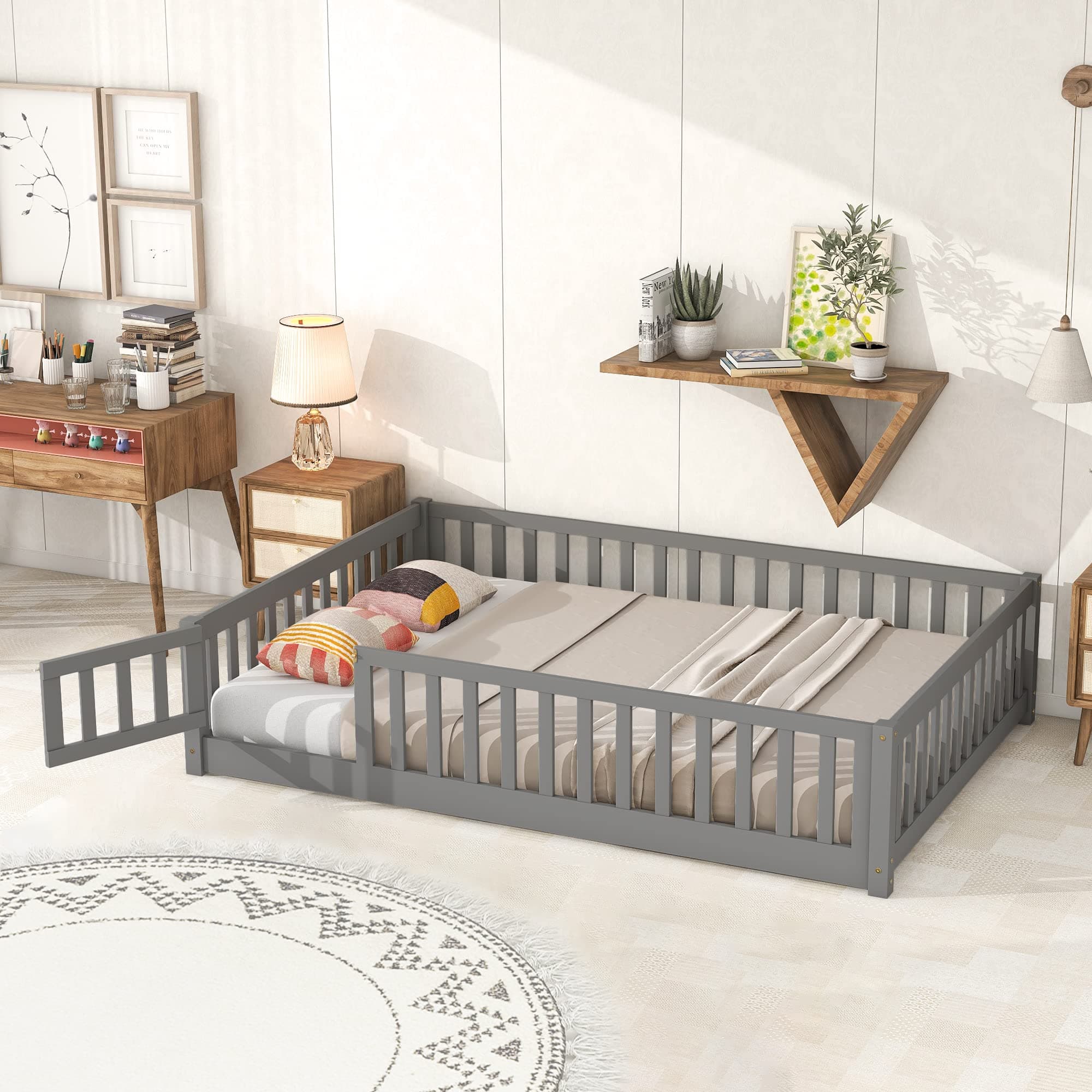 Montessori Twin Floor Bed for Children, Gray