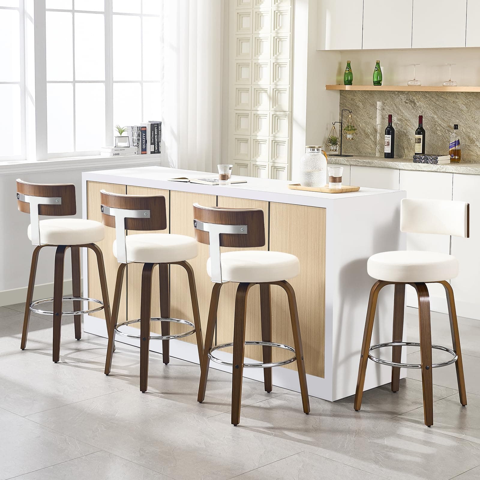 Mid Century Walnut Bar Stools Set of 4, Faux Leather Seat, 26" Height, White