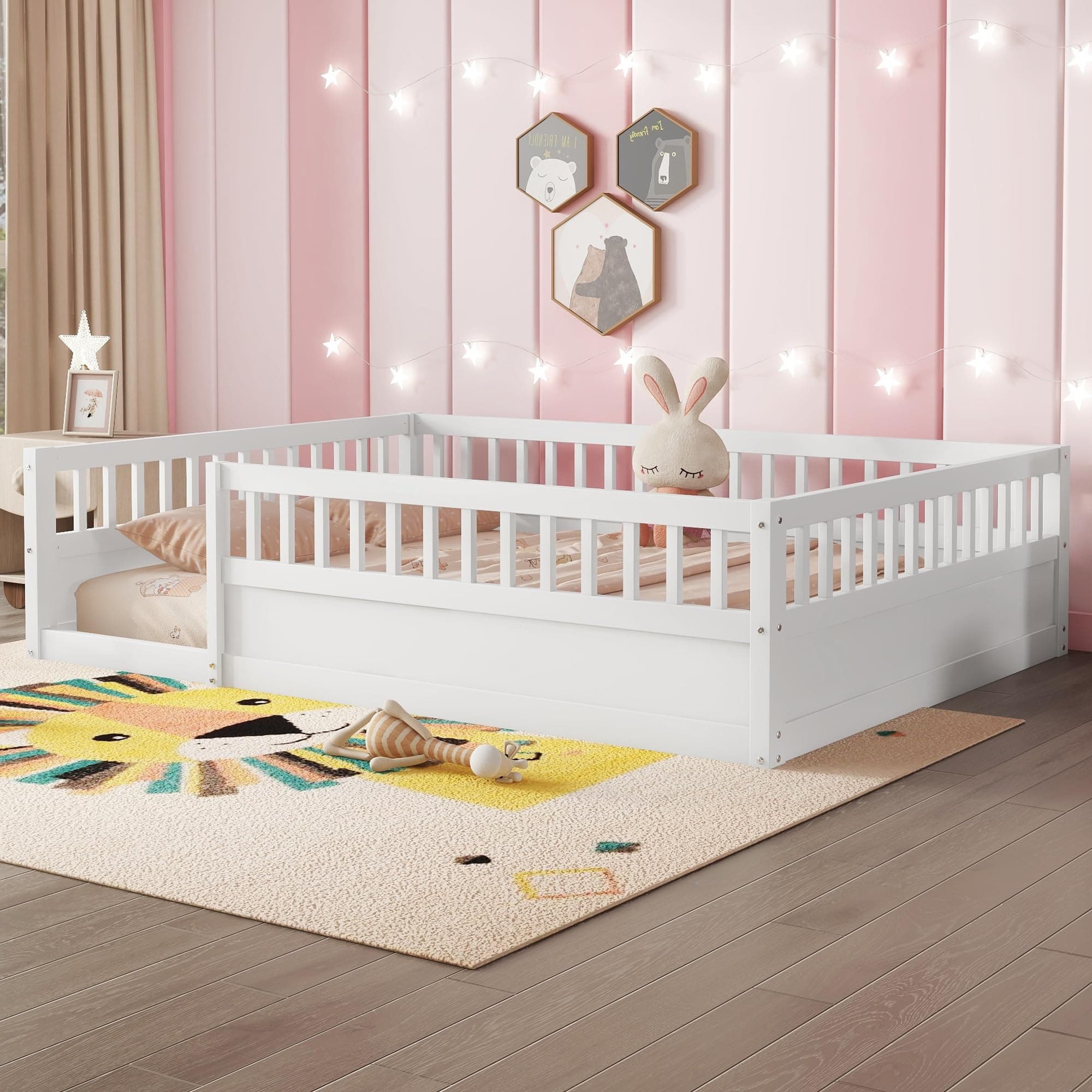 Montessori Twin Bed with High Rails for Kids, White