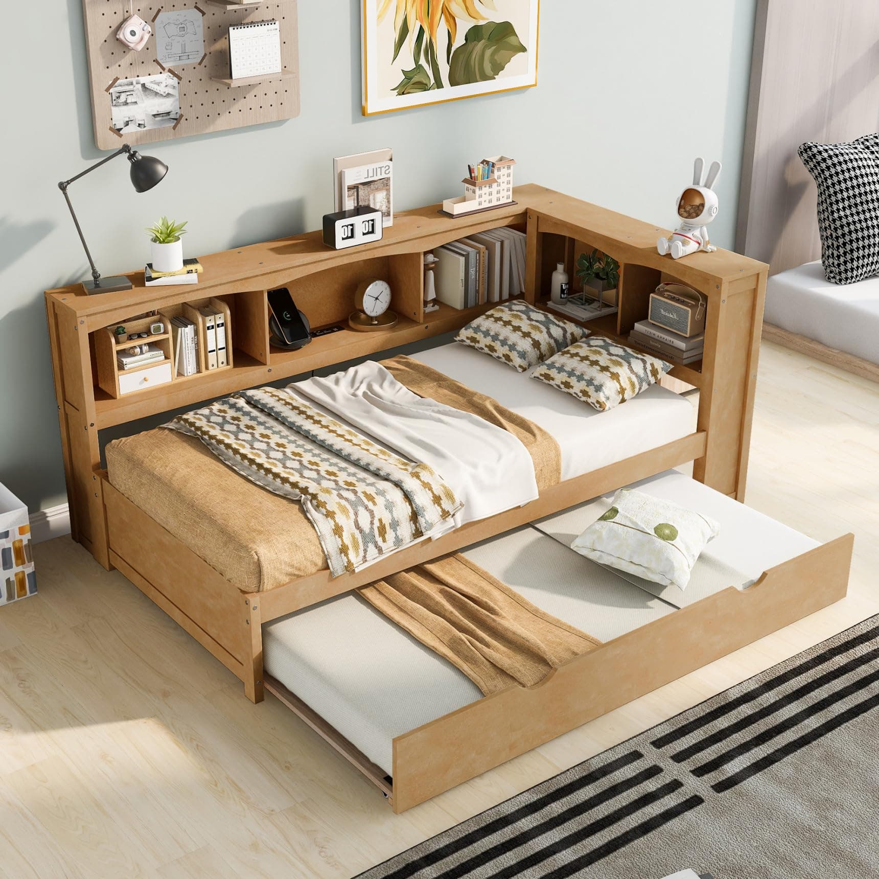 i-POOK Modern Twin Daybed with 5 Storage Cabinets & USB Ports, Wood Sofa Bed for Bedroom & Apartment