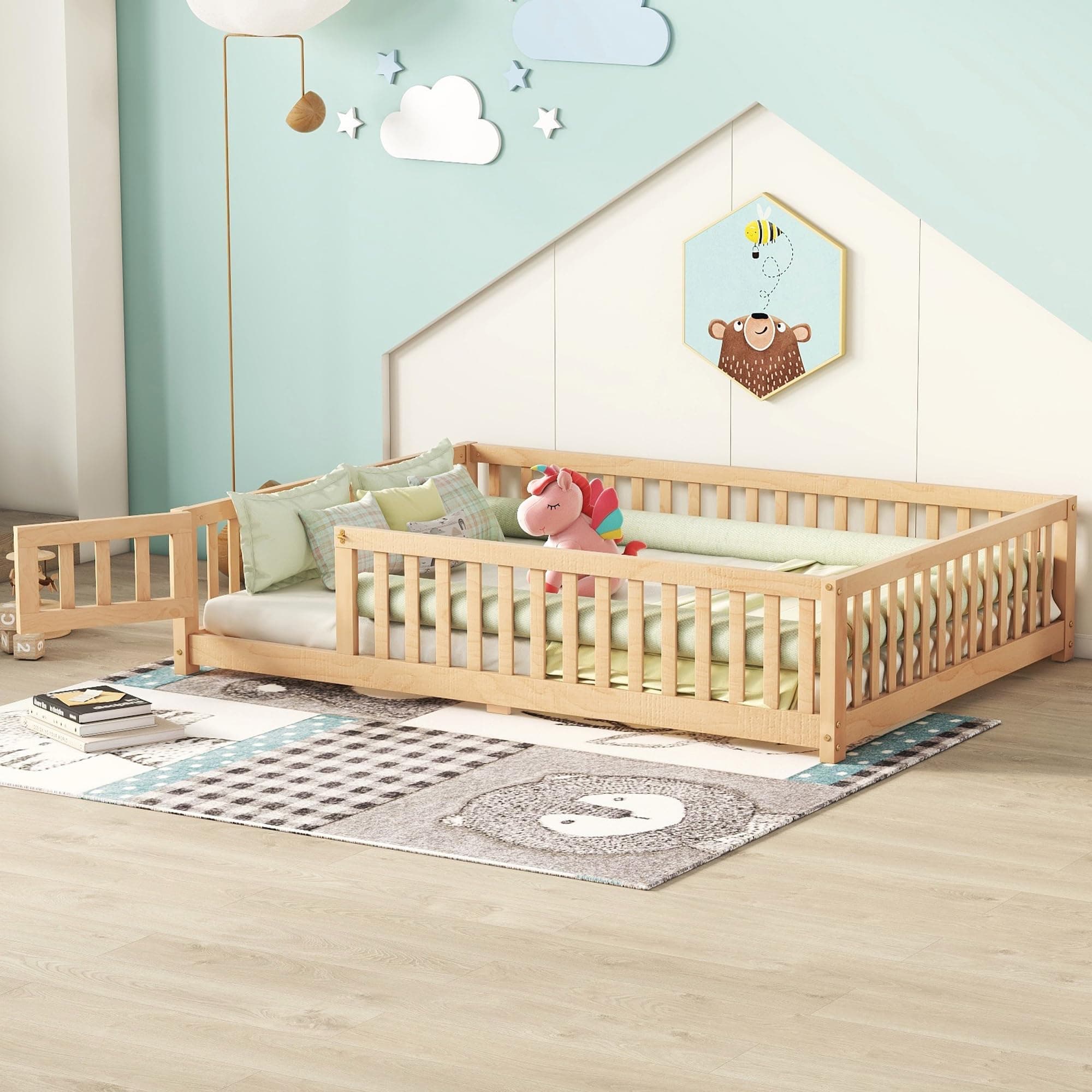 Full-Size Montessori Floor Bed with Slats & Center Support Bar (Natural)