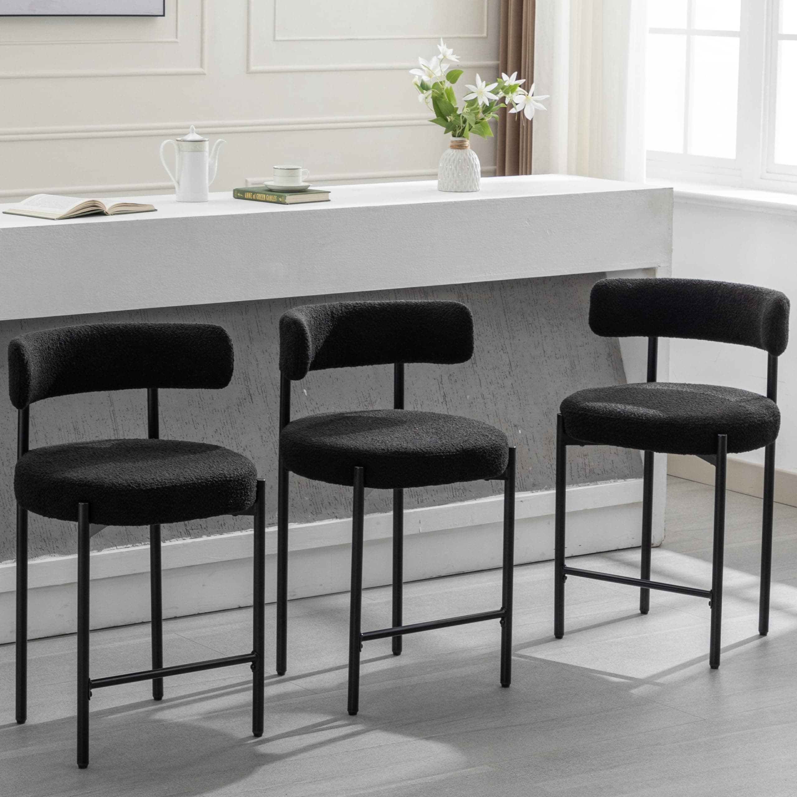 Mid-Century Modern Black Boucle Bar Stools, Set of 3, 24'' High, Kitchen Island Dining Room