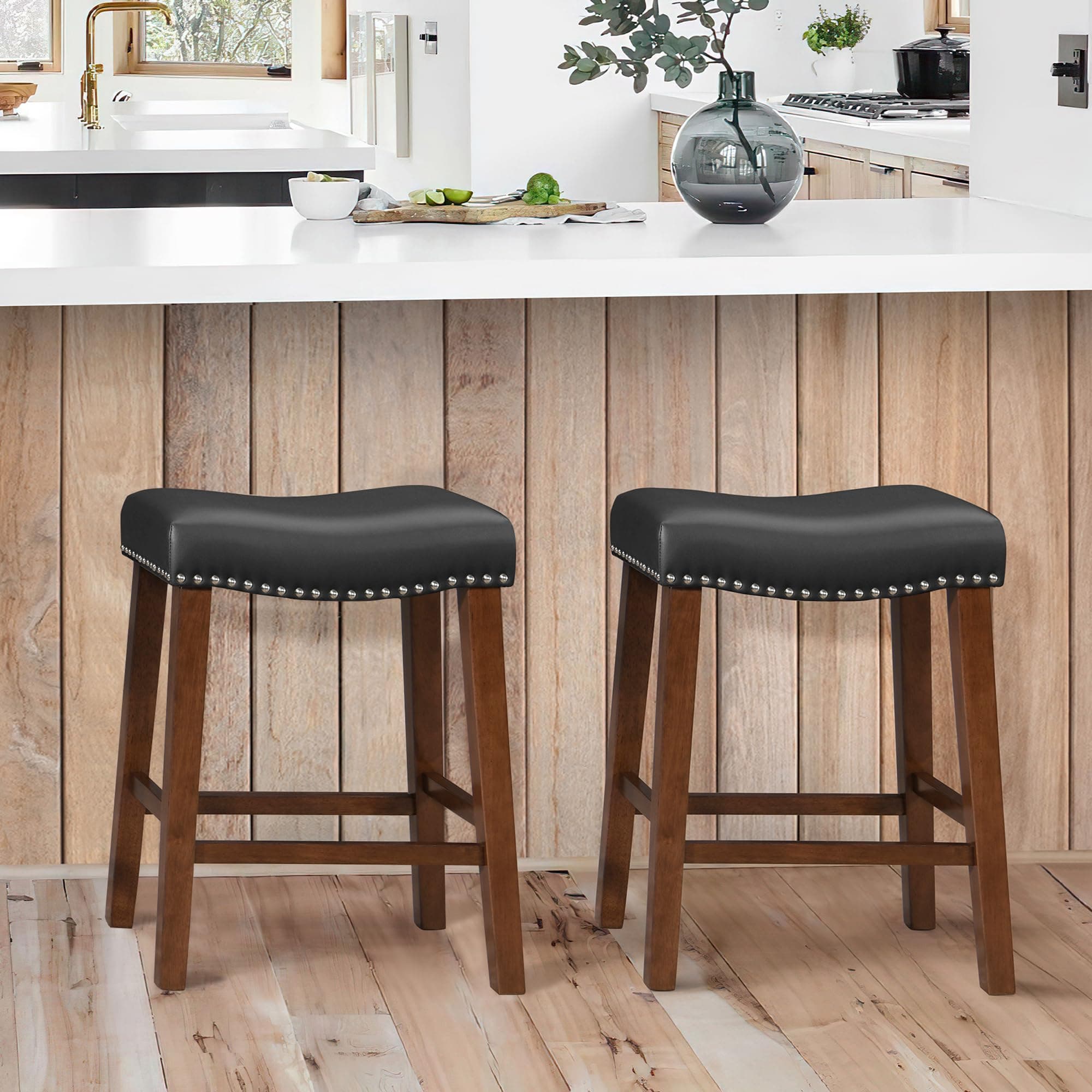Set of 2 Black Backless Bar Stools for Kitchen Island in Counter Height, Faux Leather Upholstered Seat