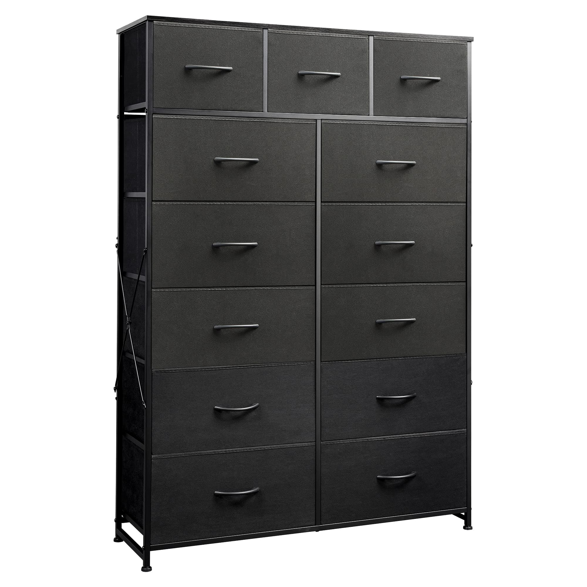 Charcoal Black Tall Dresser with 13 Drawers & Fabric Bins