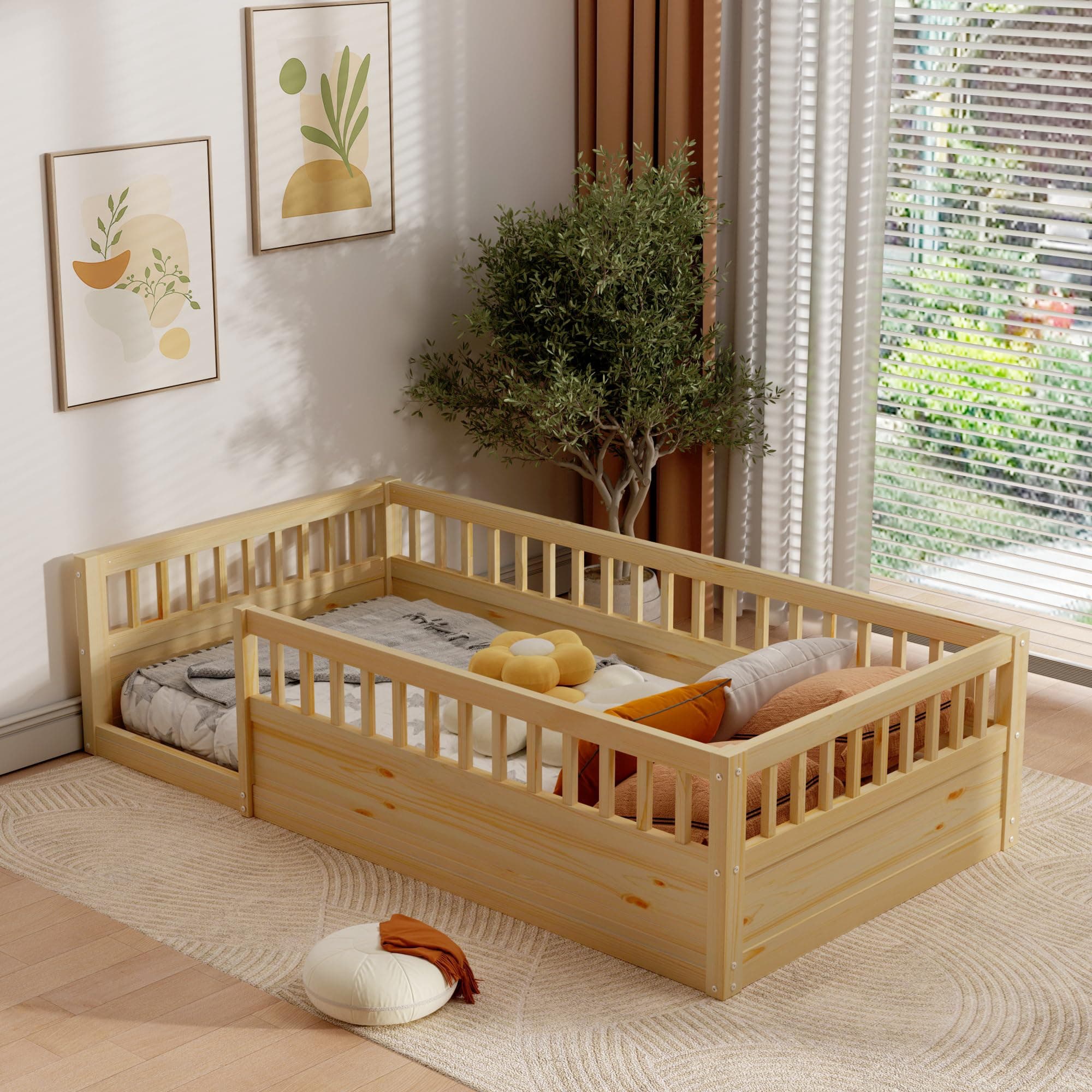 Wanttii Twin Size Toddler Floor Bed with Safety Fence (Natural)
