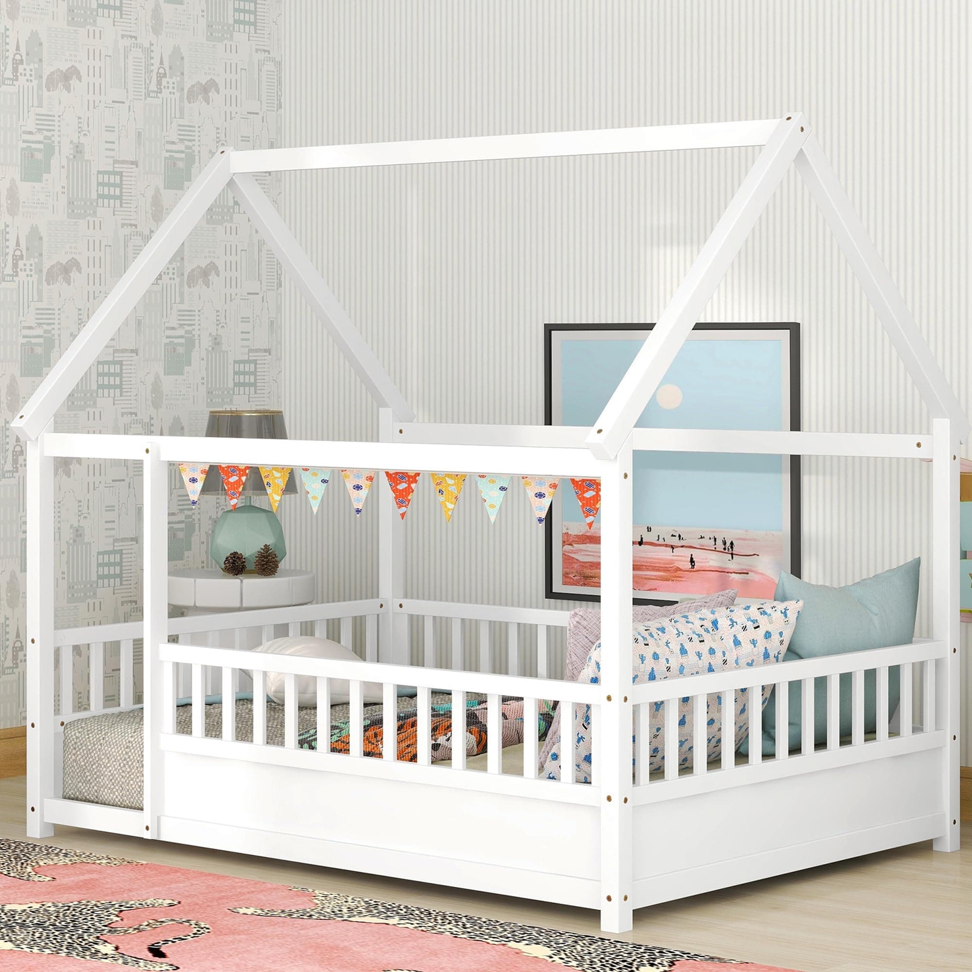 Full Size Wood Montessori Floor Bed with High Fence & Roof