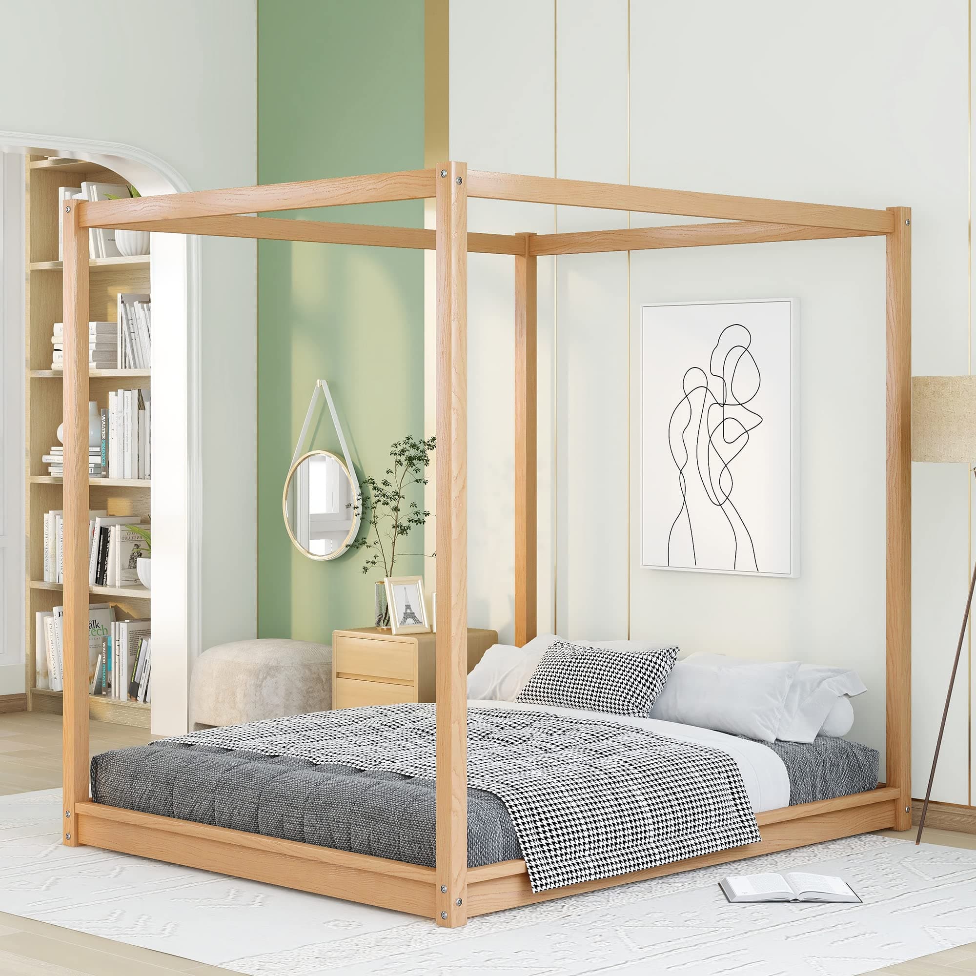 Merax Modern Queen Size Wood Canopy Bed - No Box Spring Needed/EasyAssembly