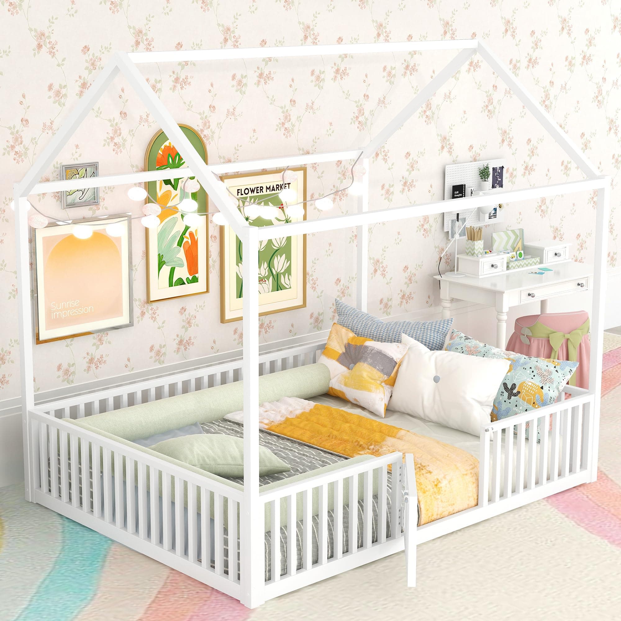 Bellemave Full-Size Metal Floor Bed with Door & Roof in White