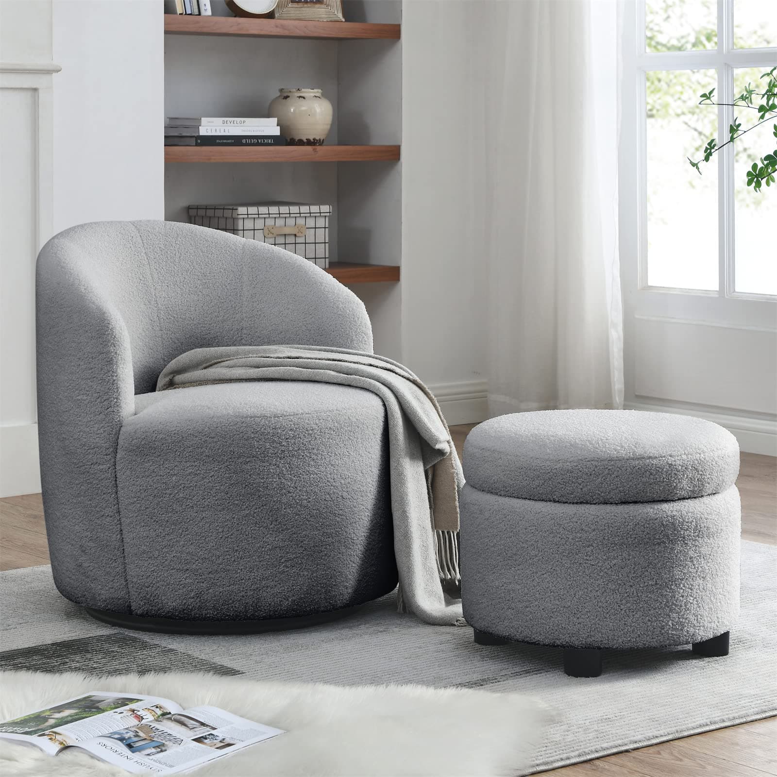 Swivel Accent Chairs Set with Storage Ottoman for Two