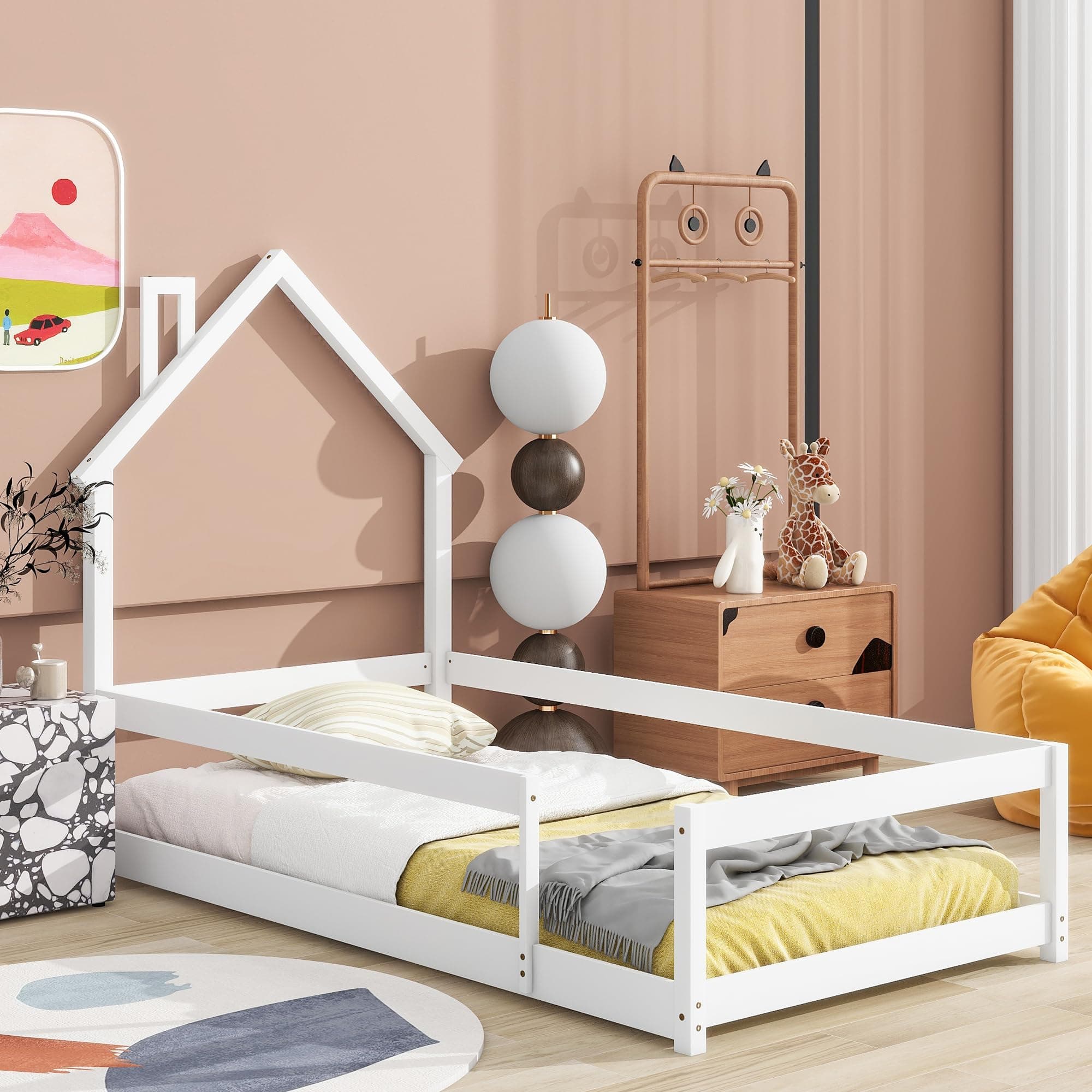 Modern Twin Size Montessori Floor Bed for Children, Boys, Girls - White