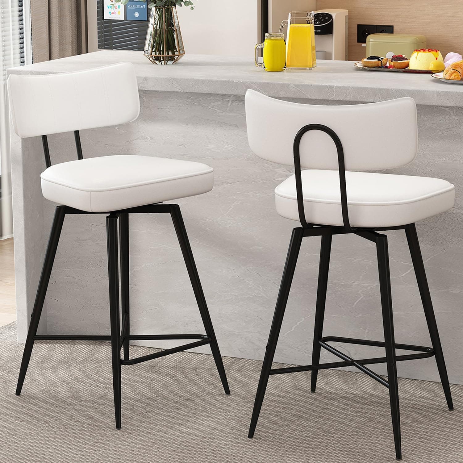 26 Inch White Leather Counter Swivel Stools with Back, Kitchen Bar Chairs Set of 2