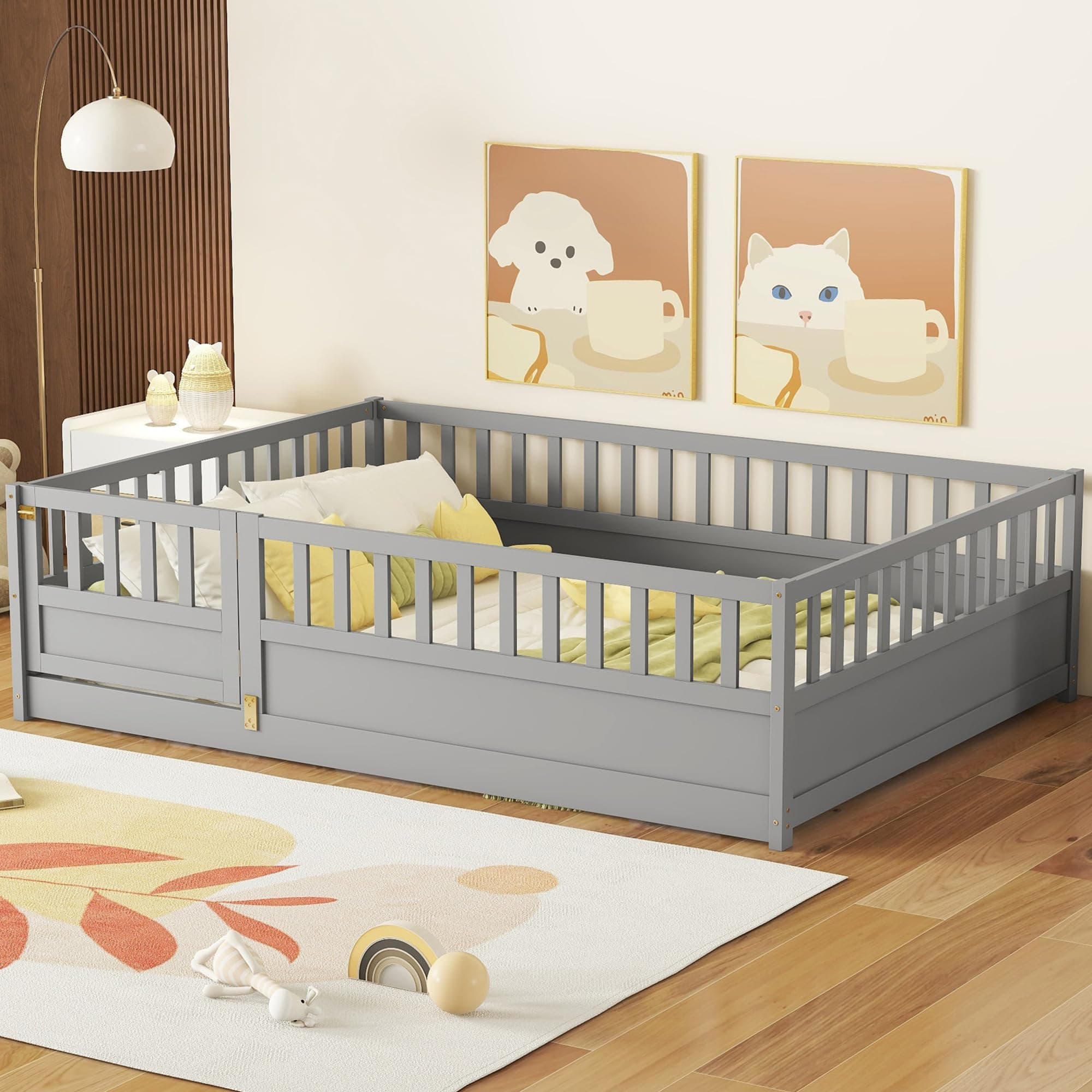 Gray Full Size Montessori Floor Bed with High Fence & Door