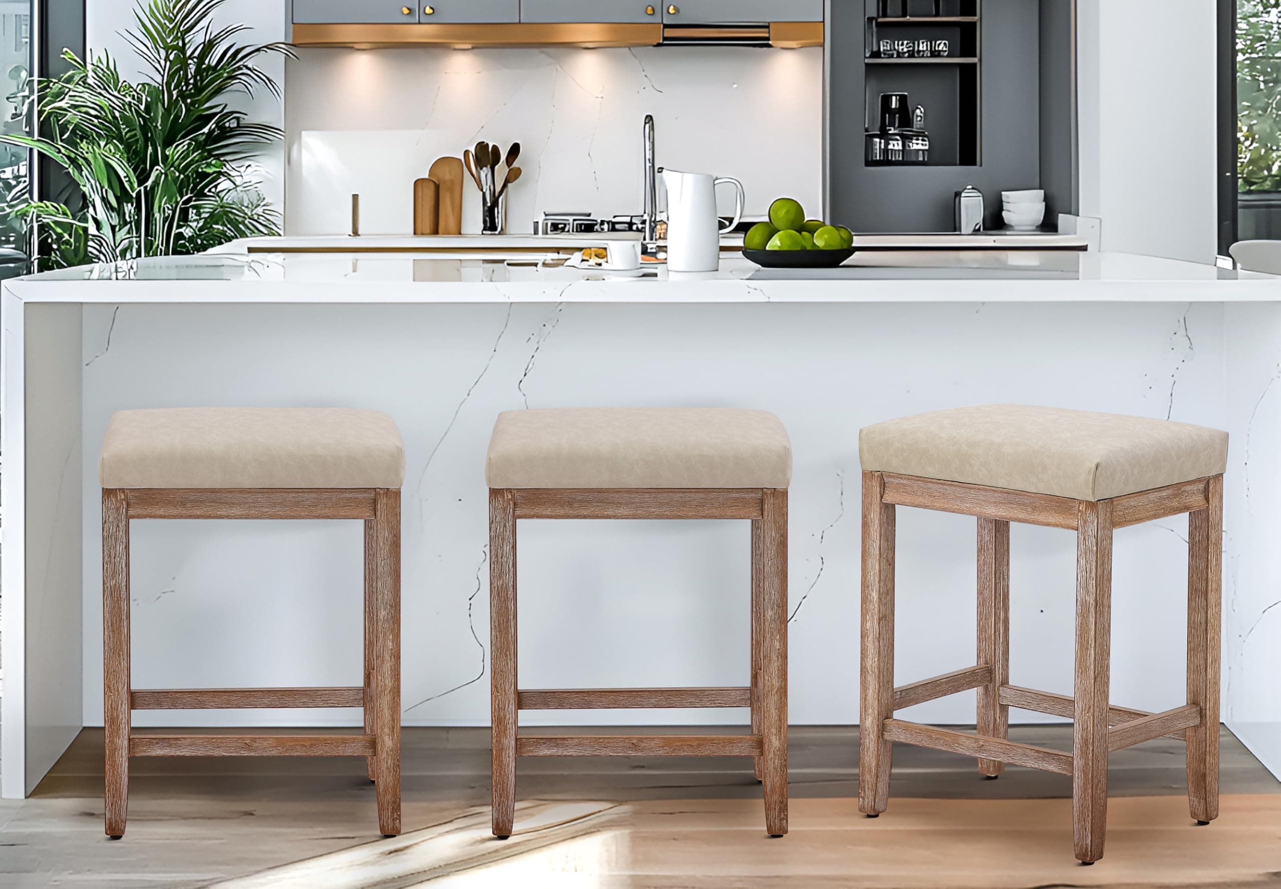 Farmhouse Modern Bar Stools Set of 3, Khaki Faux Leather 24" High