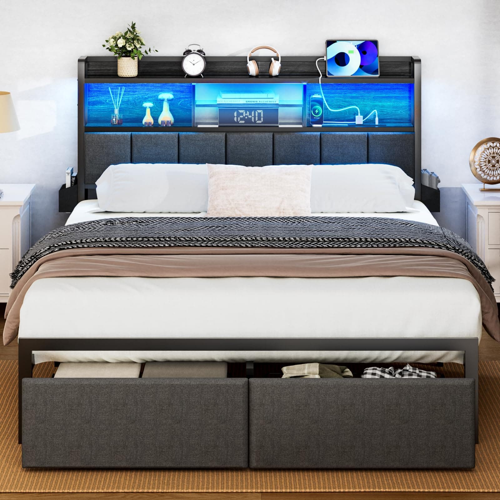 Furnulem Full Size Bed Frame with Storage & Charging, LED Lights, Black