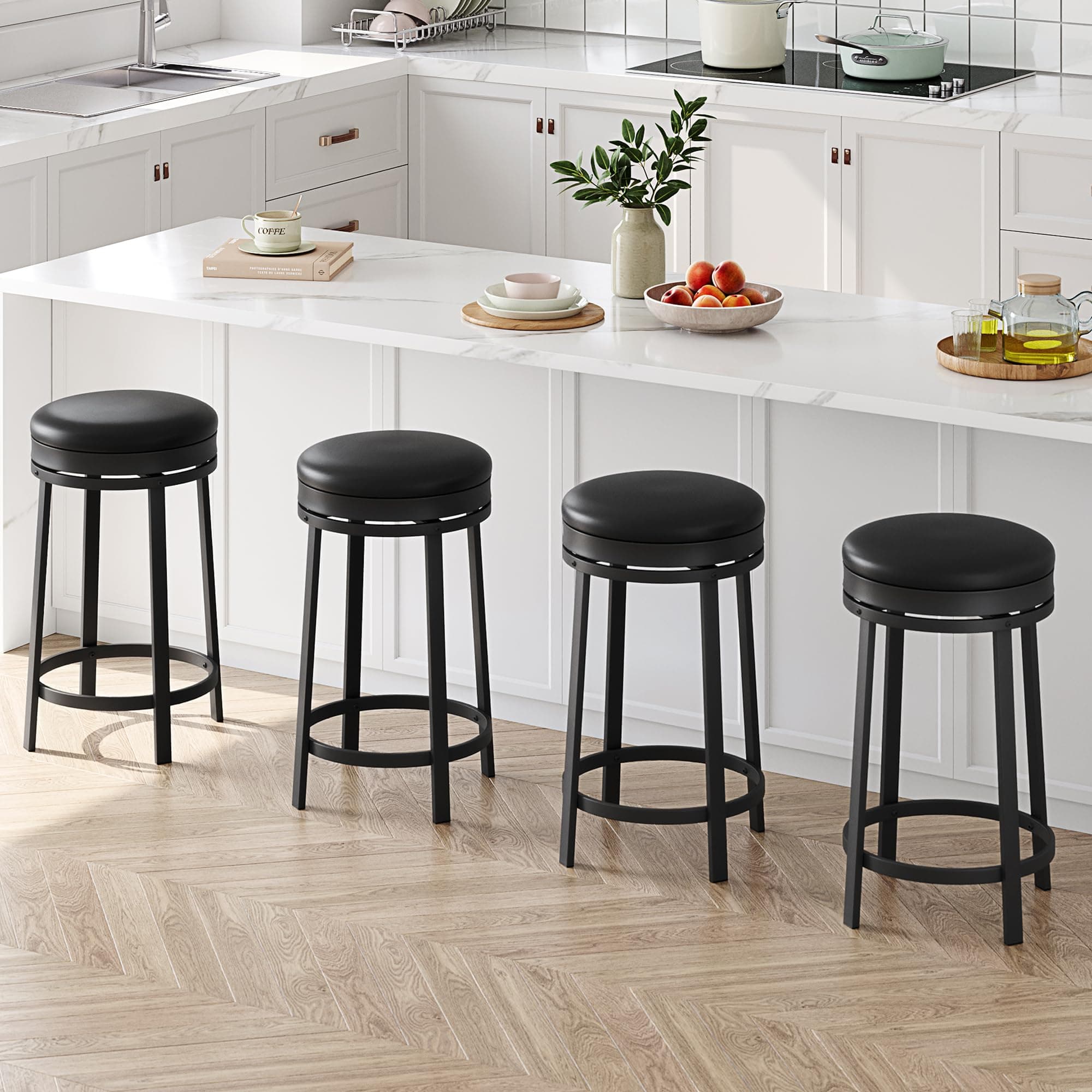 IDEALHOUSE Modern Black Backless Swivel Bar Stools Set of 4 with Footrest