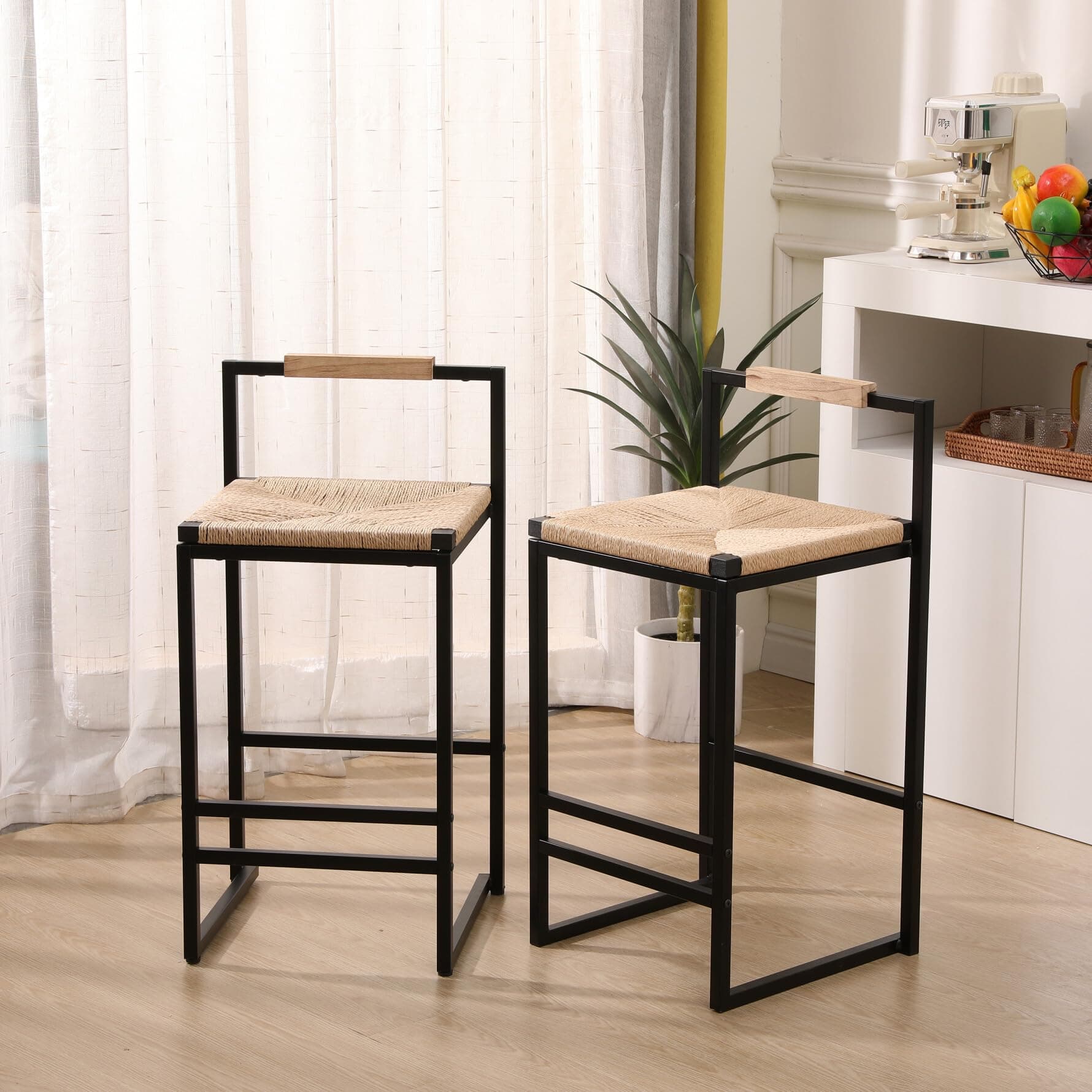 Metal Bar Stools Set of 2 with Woven Seat and Back, Counter Height Chairs for Kitchen Island, Dining Room in Beige