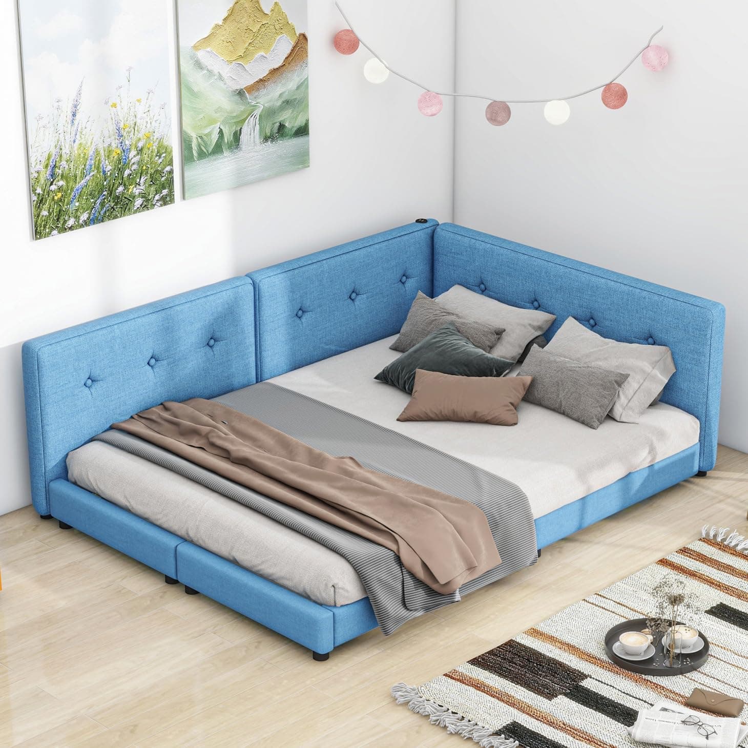 Wood Floor Bed Frame with USB Ports, Blue - Low Profile for Adults and Children up to 600 lbs.